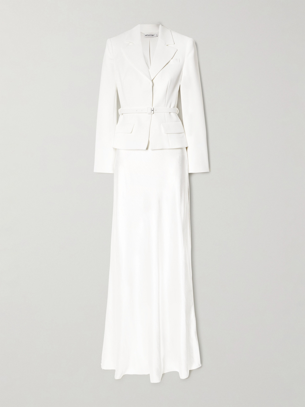 Self-portrait Belted Crepe And Satin Gown In White