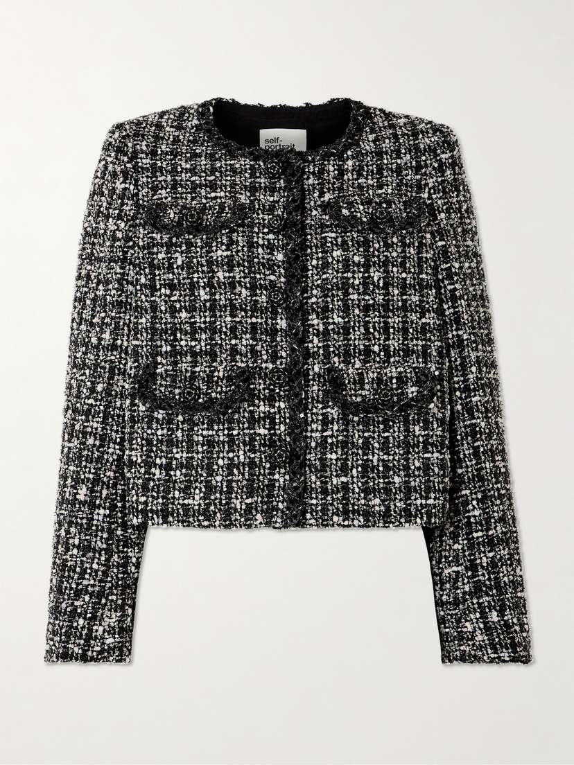 Self-Portrait Crystal-embellished Cropped Metallic Bouclé-tweed Jacket - UK 16