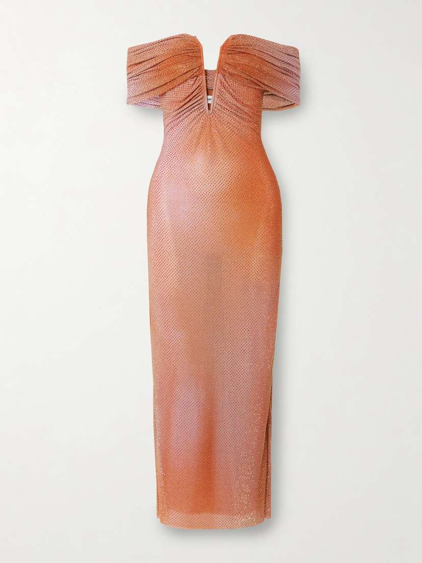 Self-Portrait Off-the-shoulder Crystal-embellished Printed Stretch-tulle Midi Dress - UK 16