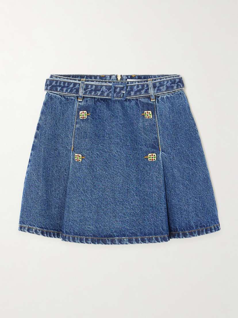 Self-Portrait Belted Pleated Denim Mini Skirt - UK 14