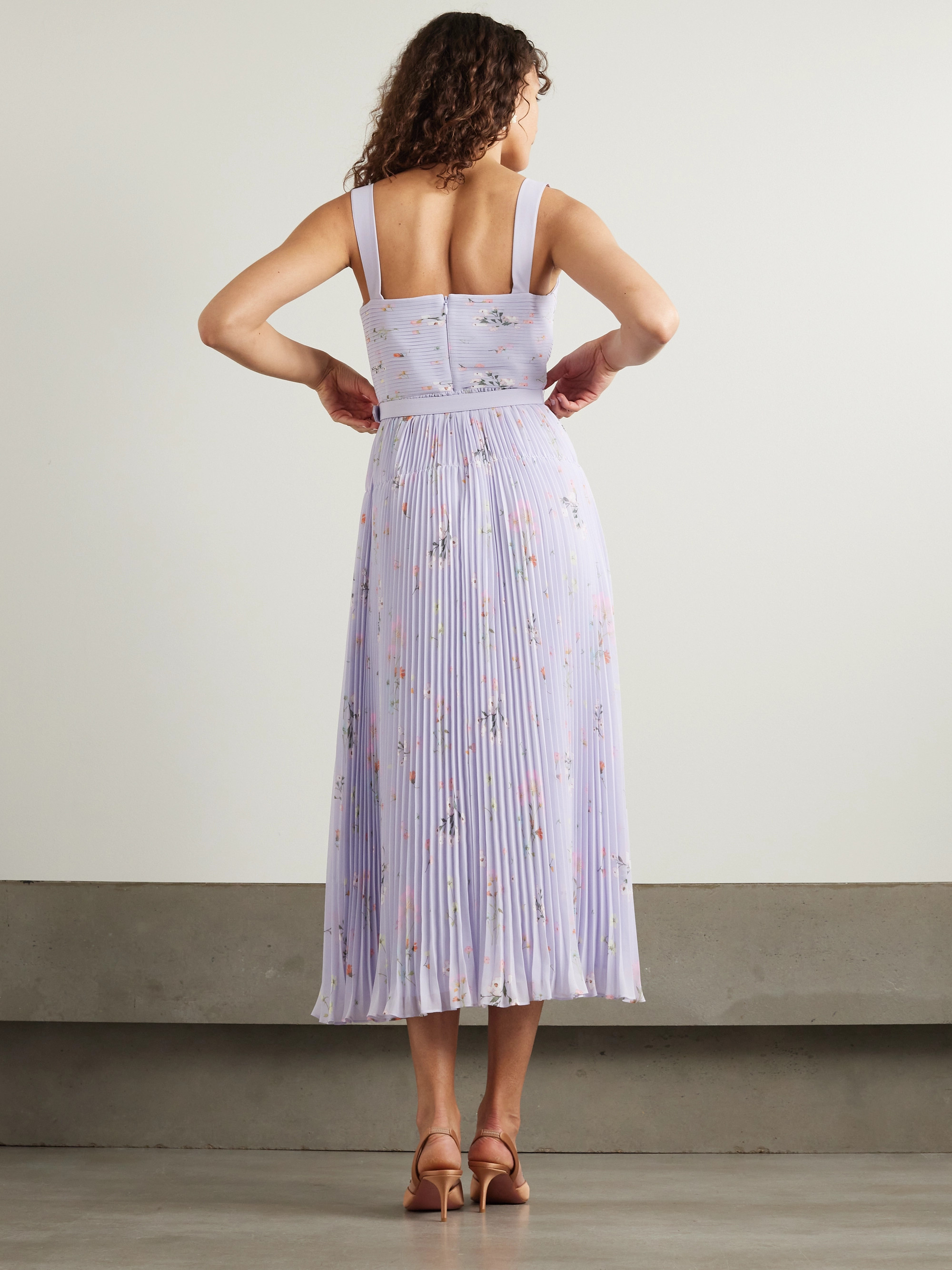 self-portrait Belted pleated floral-print chiffon midi dress thumbnail