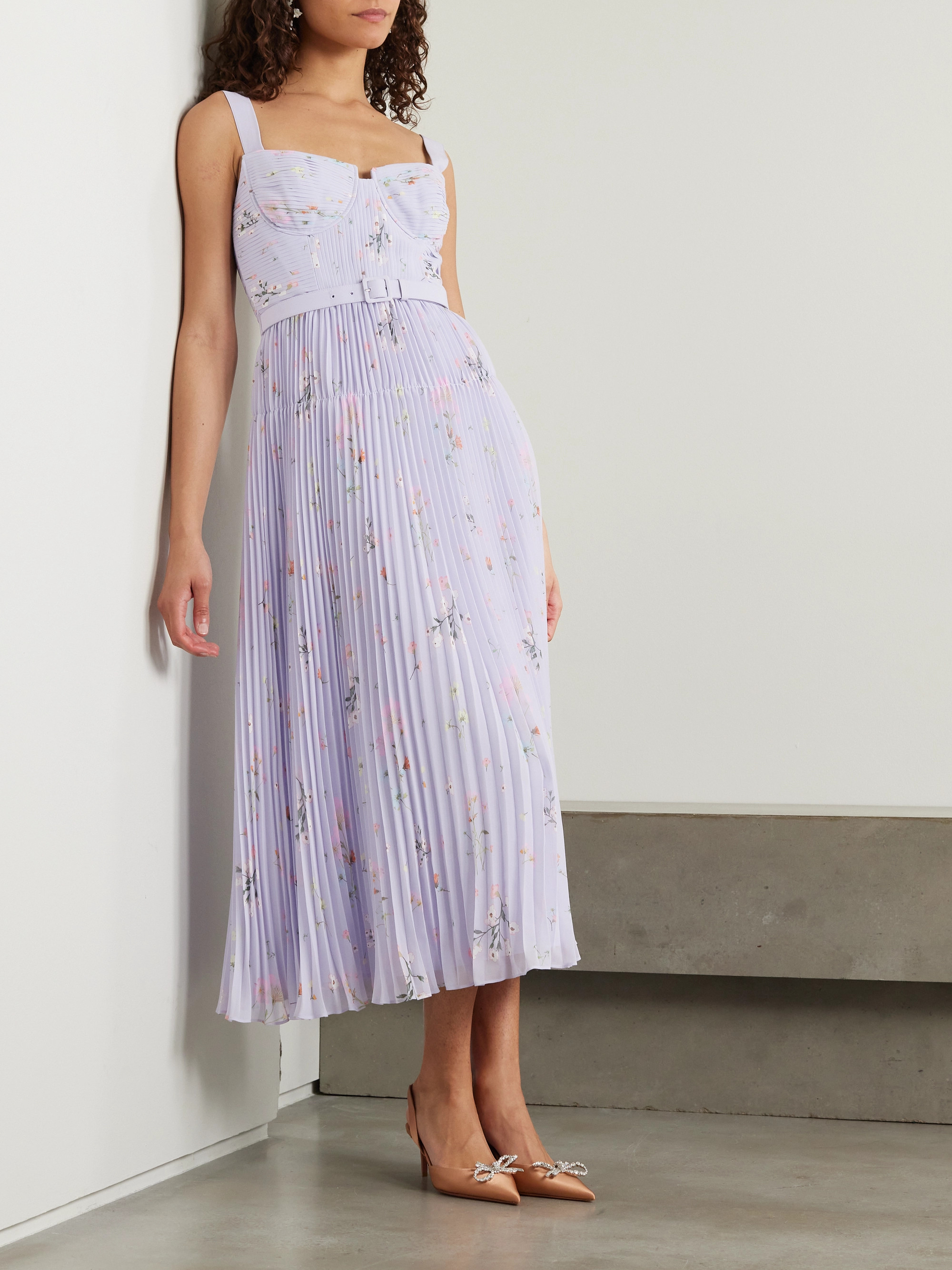 self-portrait Belted pleated floral-print chiffon midi dress