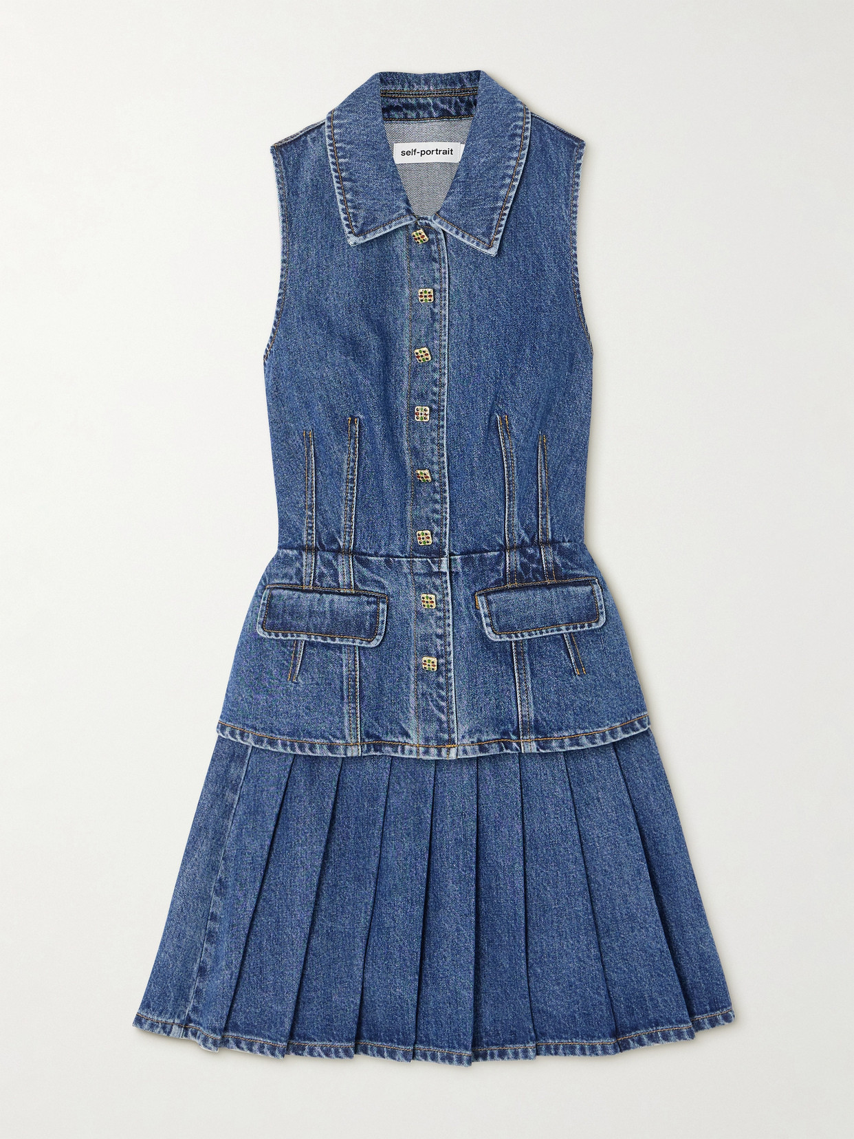 Self-Portrait - Pleated Denim Mini Dress - Blue