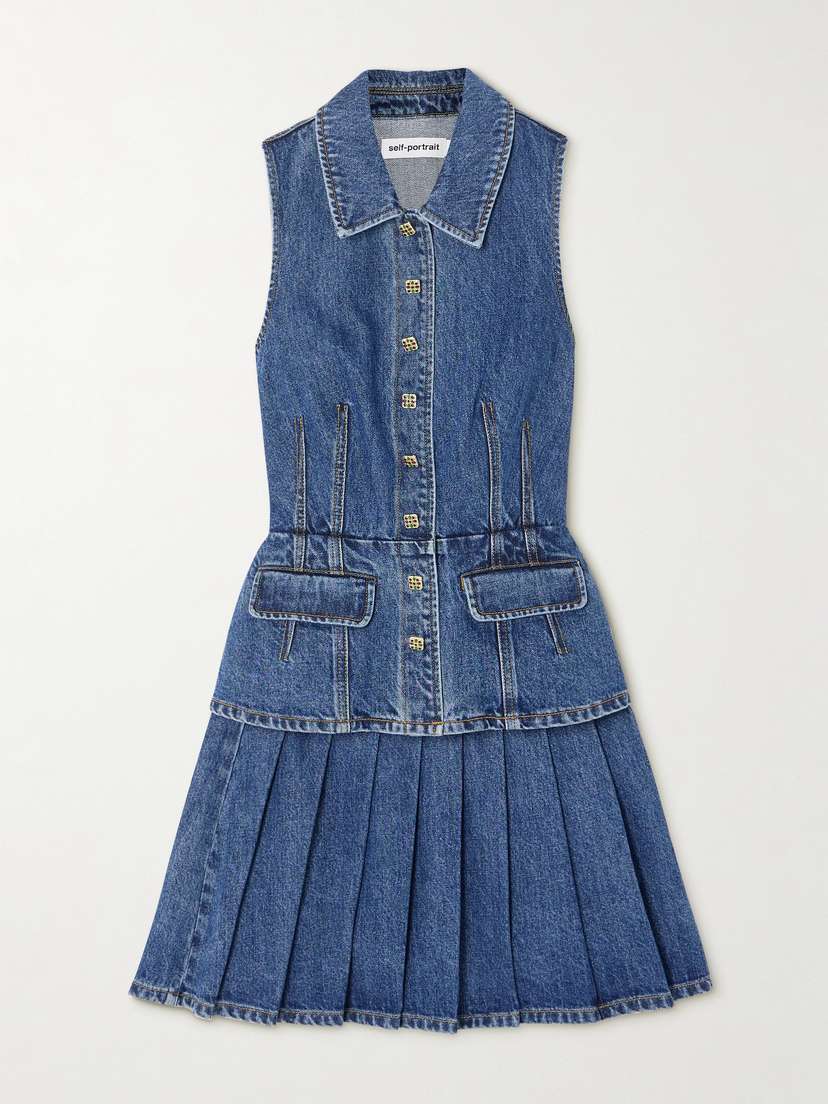 Self-Portrait Pleated Denim Mini Dress - UK 14
