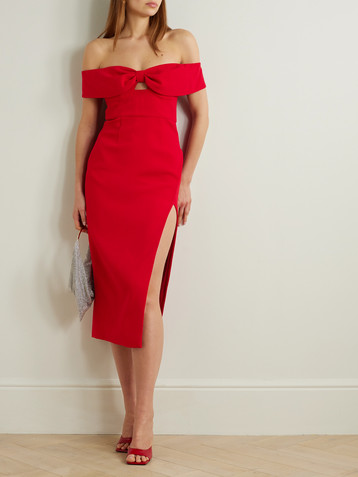 self-portrait Off-the-shoulder bow-embellished crepe midi dress
