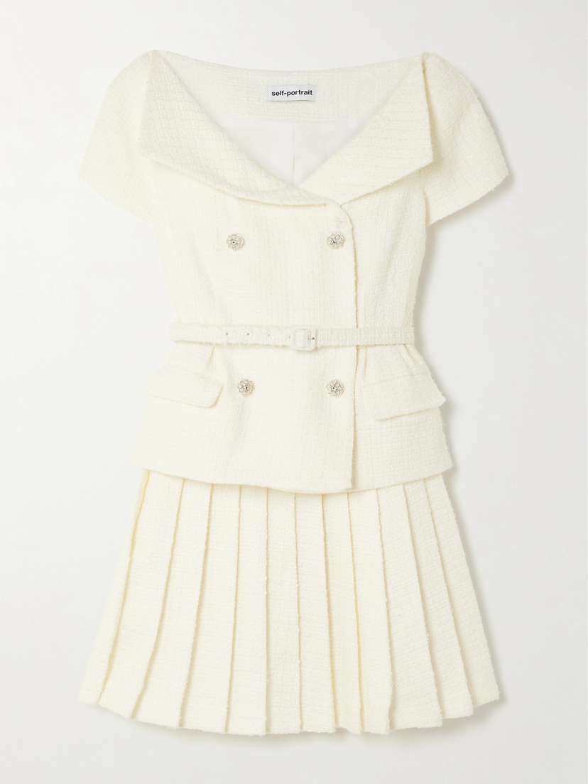 Self-Portrait Belted Embellished Bouclé Mini Dress