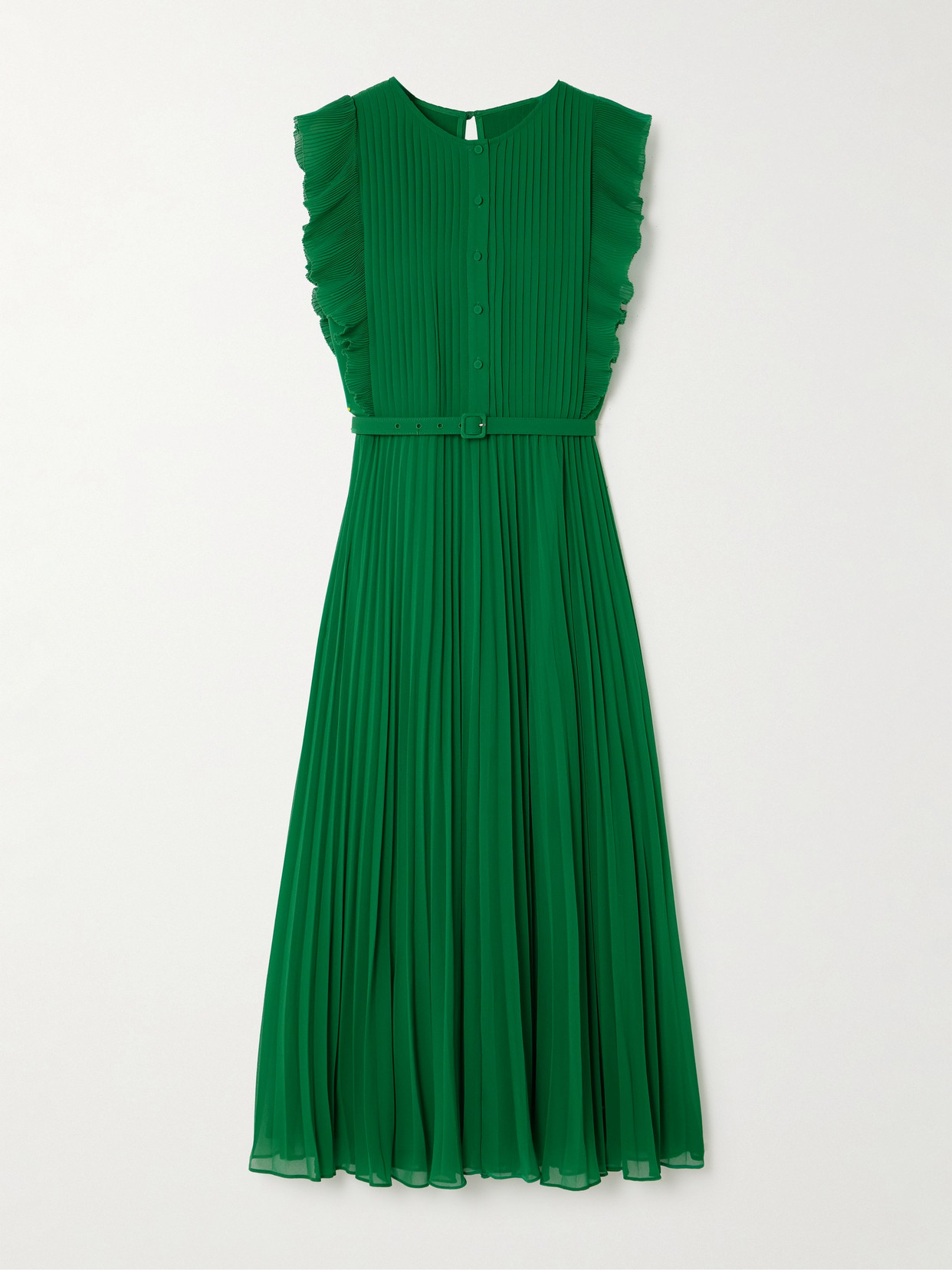 Self-portrait Belted Ruffled Plissé-chiffon Midi Dress In Green