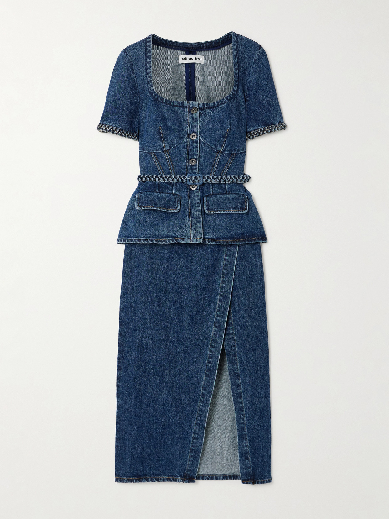 Self-portrait Convertible Belted Denim Midi Dress In Blue