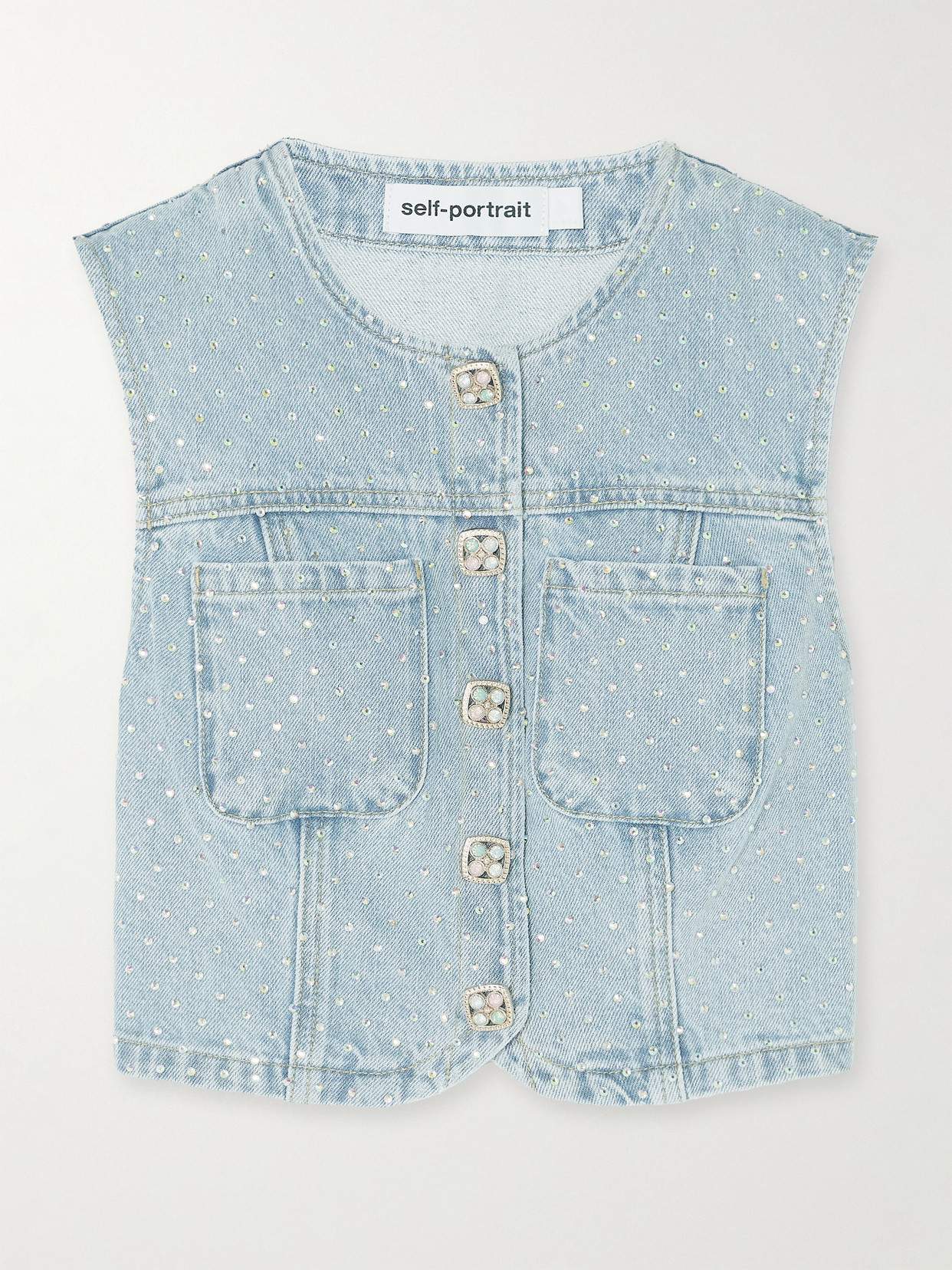 Self-portrait Cropped Crystal-embellished Denim Waistcoat In Blue