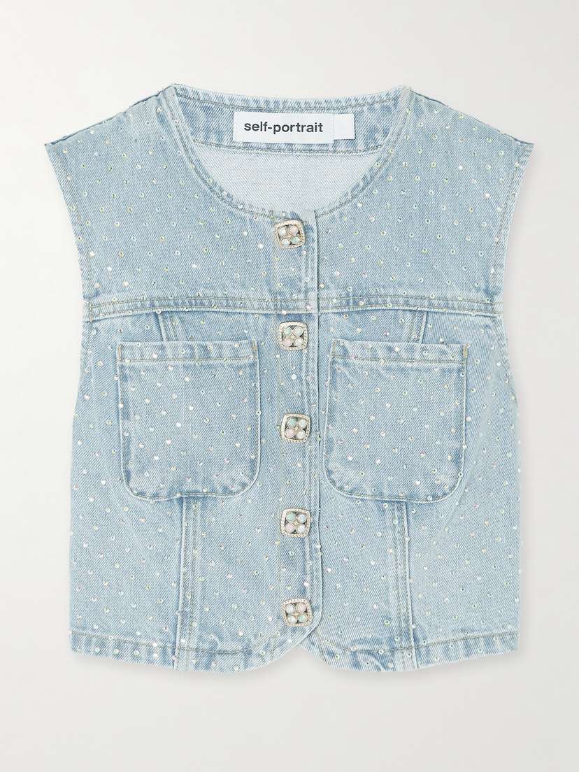 Self-Portrait Cropped Crystal-embellished Denim Vest - UK 14