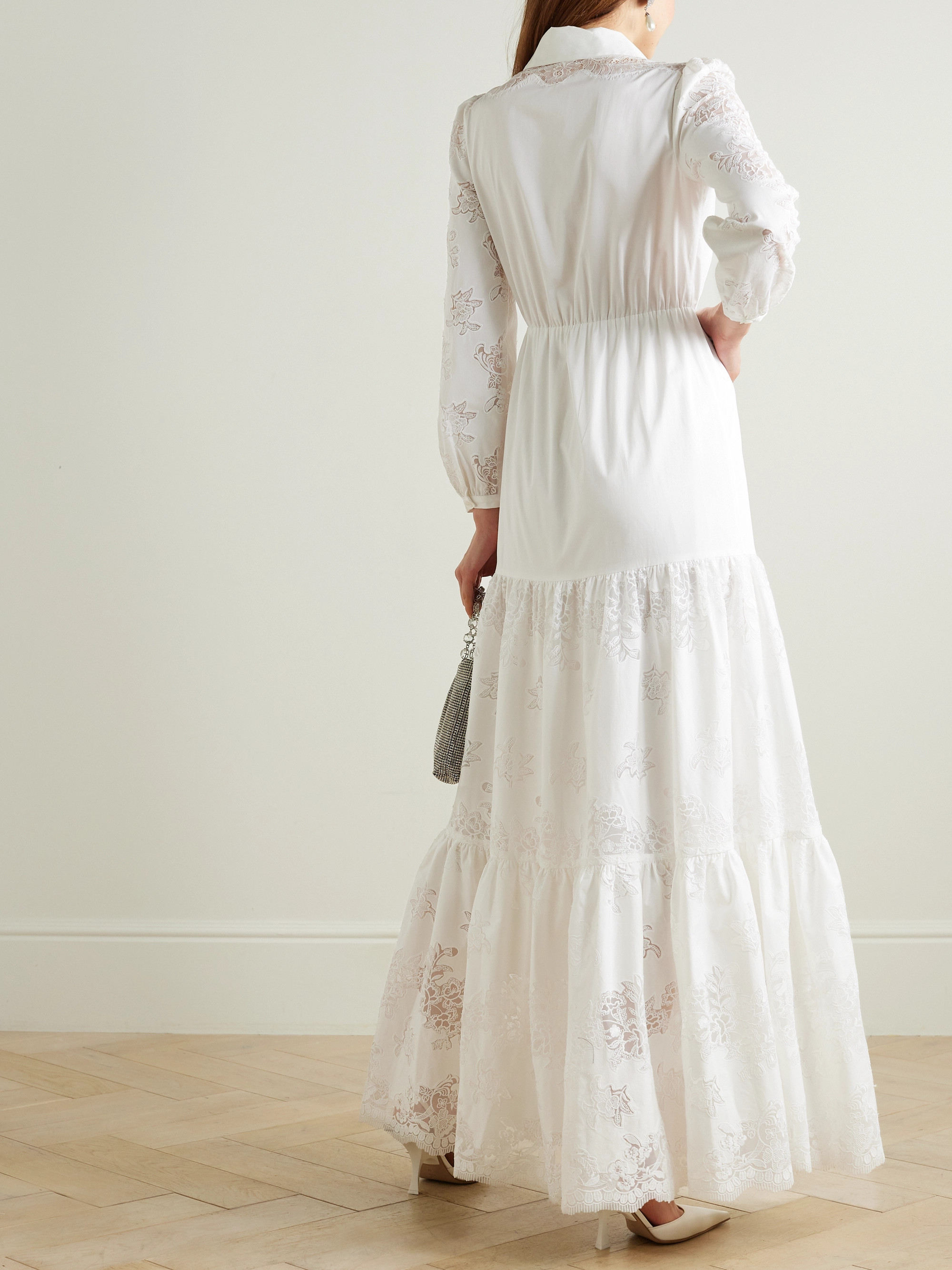 self-portrait Tiered pintucked lace-trimmed cotton-poplin maxi dress