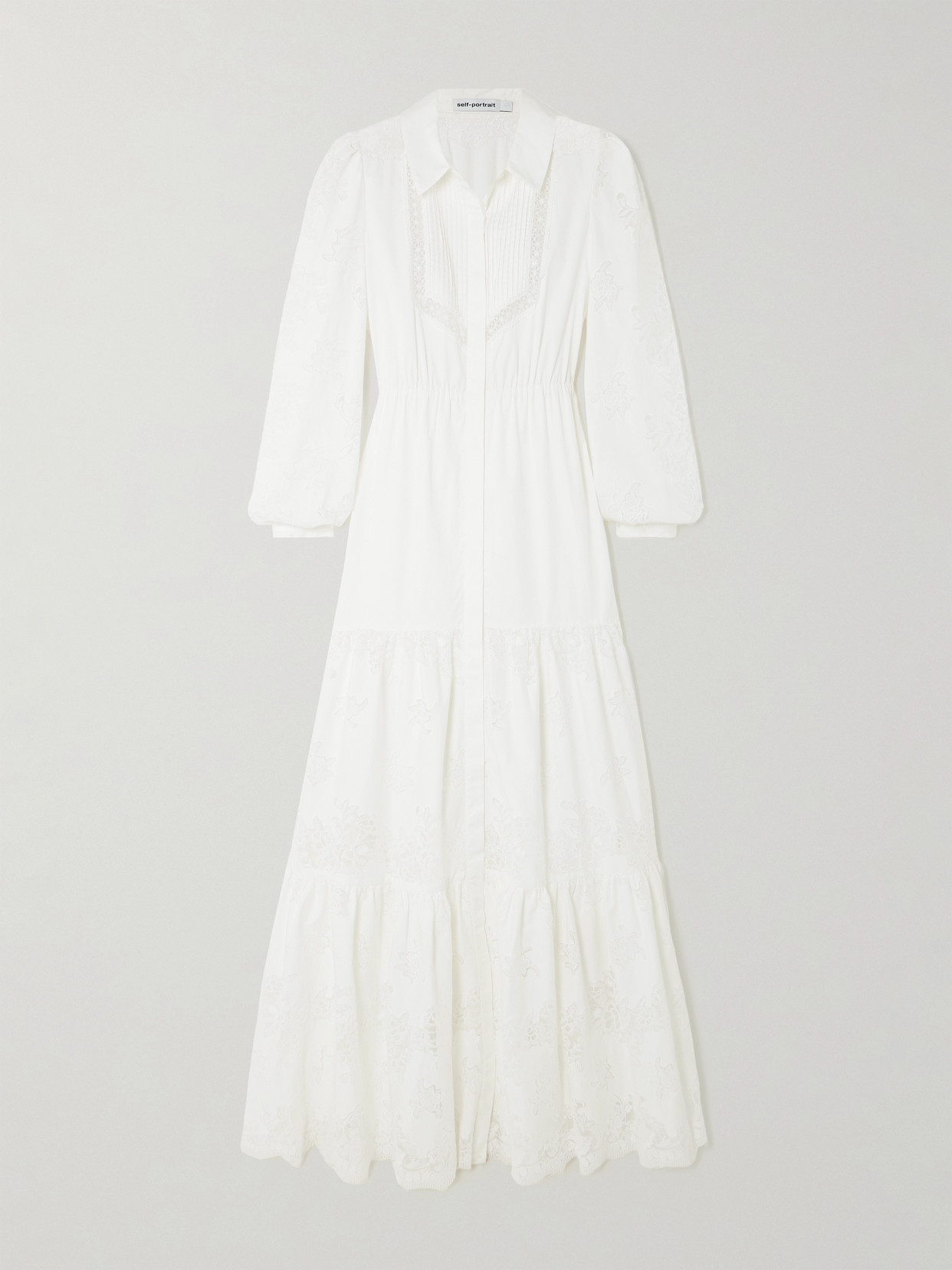 Shop Self-portrait Tiered Pintucked Lace-trimmed Cotton-poplin Maxi Dress In White