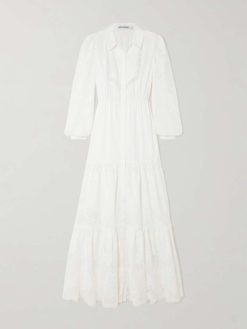 Self-Portrait Tiered Pintucked Lace-trimmed Cotton-poplin Maxi Dress