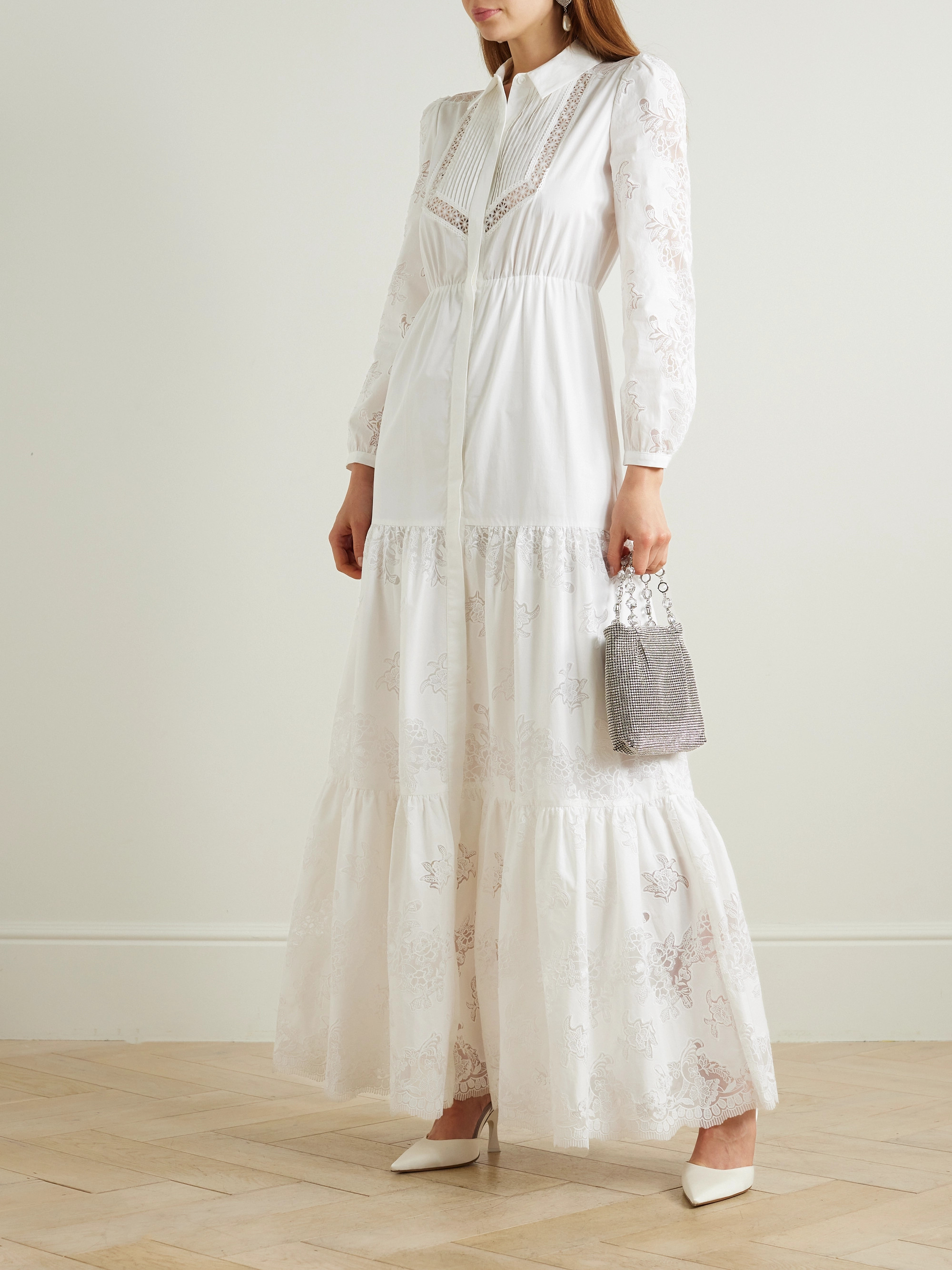 self-portrait Tiered pintucked lace-trimmed cotton-poplin maxi dress