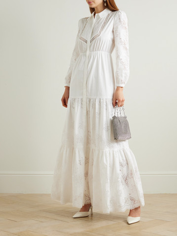 self-portrait Tiered pintucked lace-trimmed cotton-poplin maxi dress