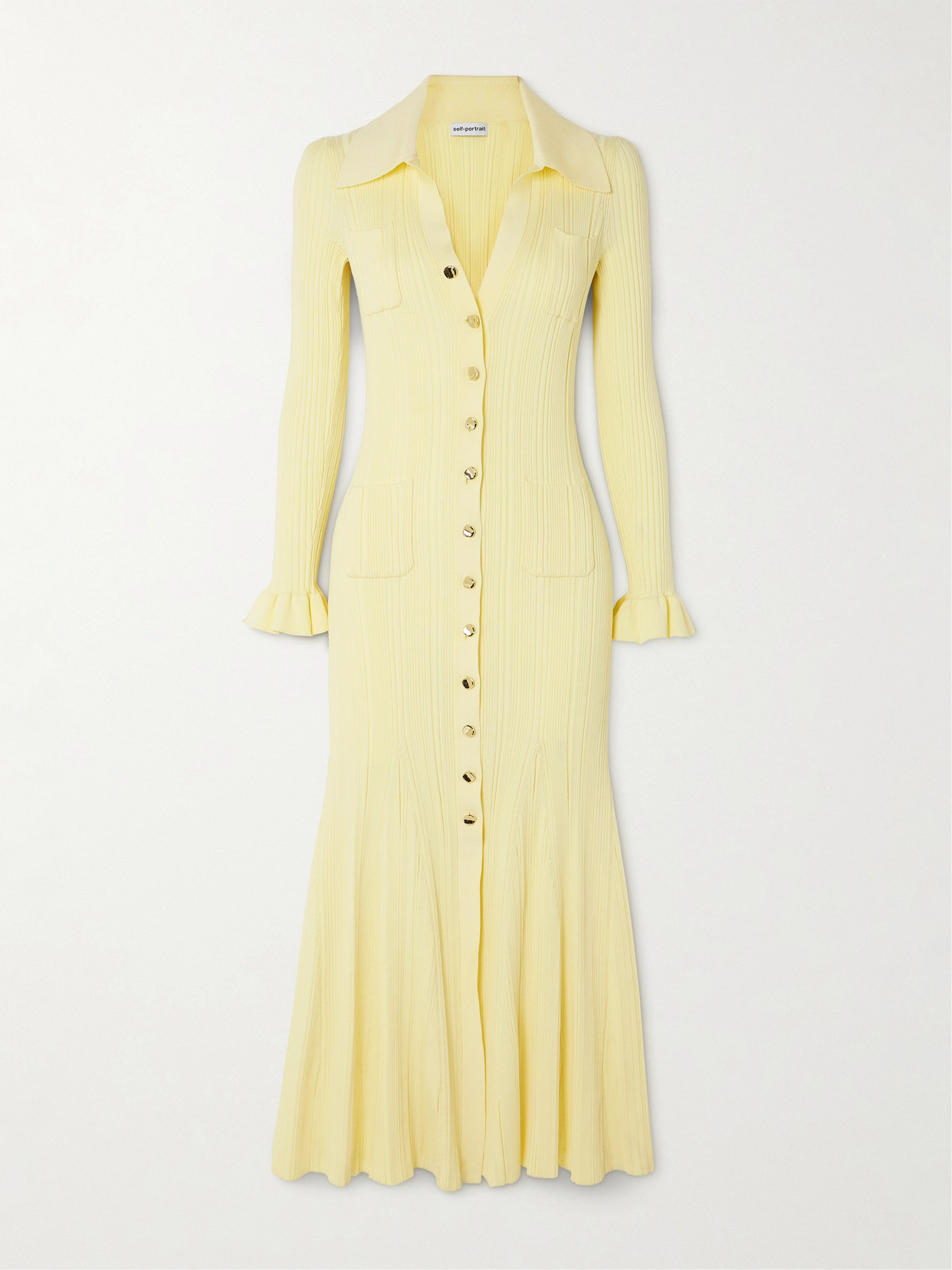 Self-Portrait - Button-embellished Ribbed-knit Midi Dress - Yellow