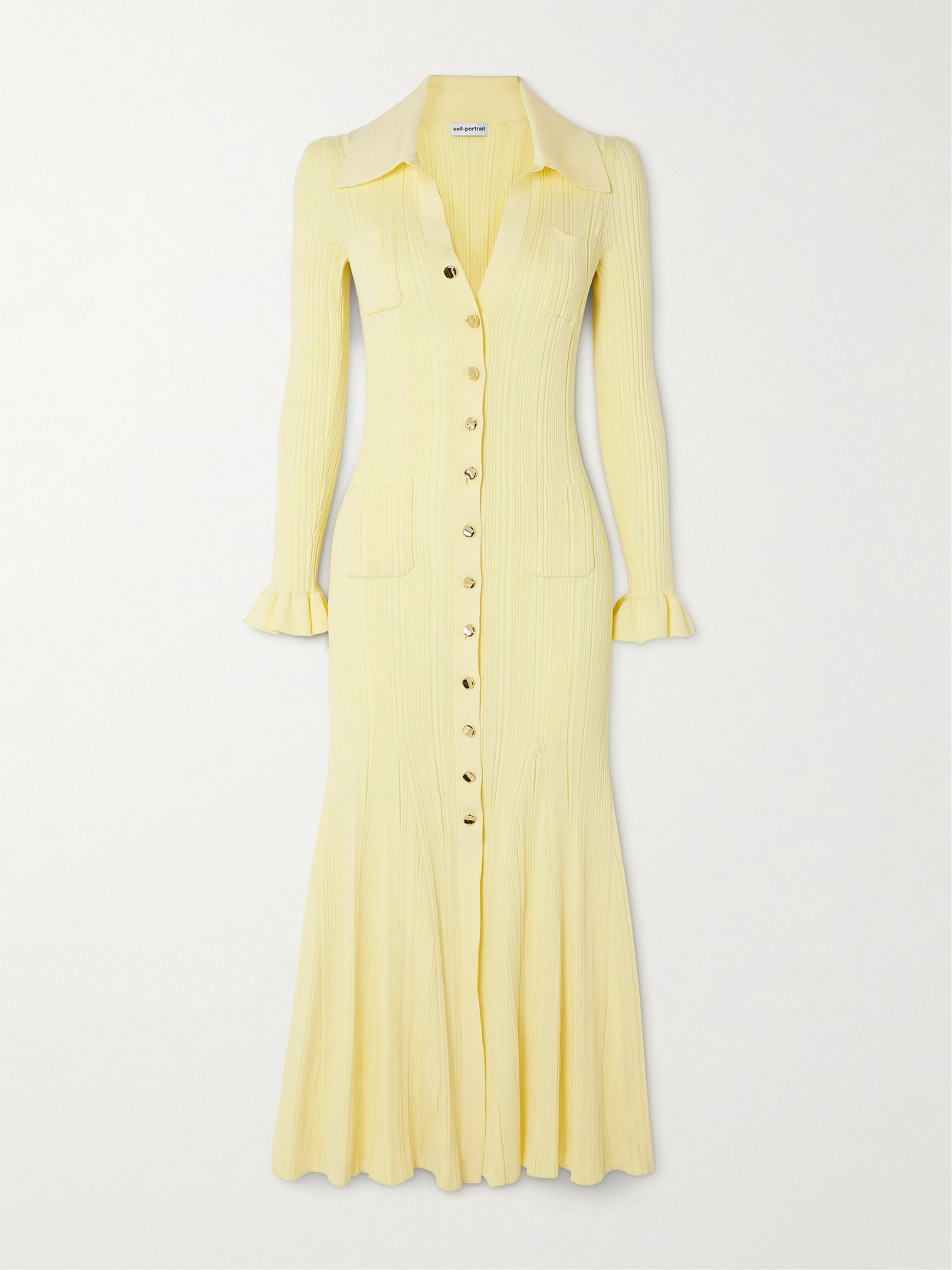 Shop Self-portrait Button-embellished Ribbed-knit Midi Dress In Yellow