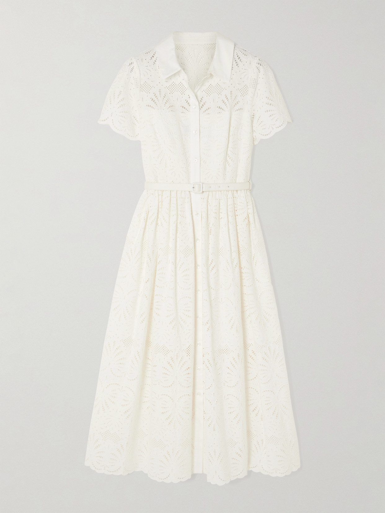 Self-portrait Belted Broderie Anglaise Cotton Midi Shirt Dress In White