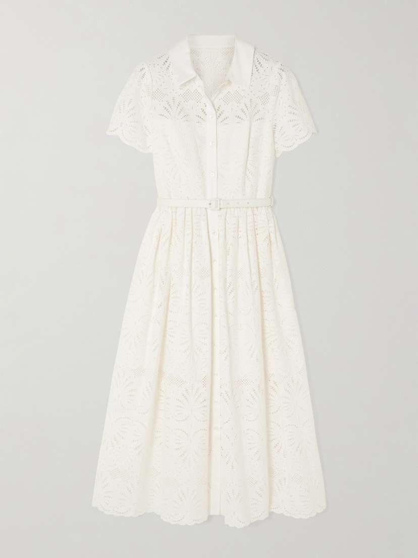 Self-Portrait Belted Broderie Anglaise Cotton Midi Shirt Dress