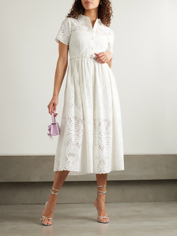 self-portrait Belted broderie anglaise cotton midi shirt dress