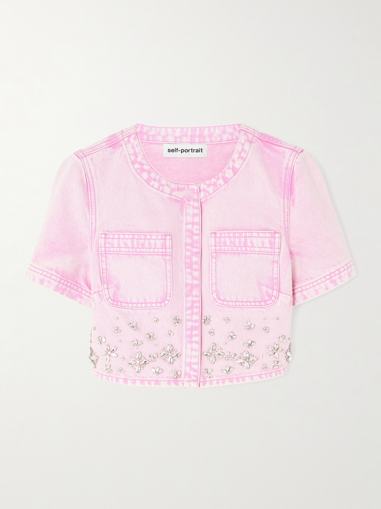 Self-portrait Cropped Crystal-embellished Denim Jacket In Pink