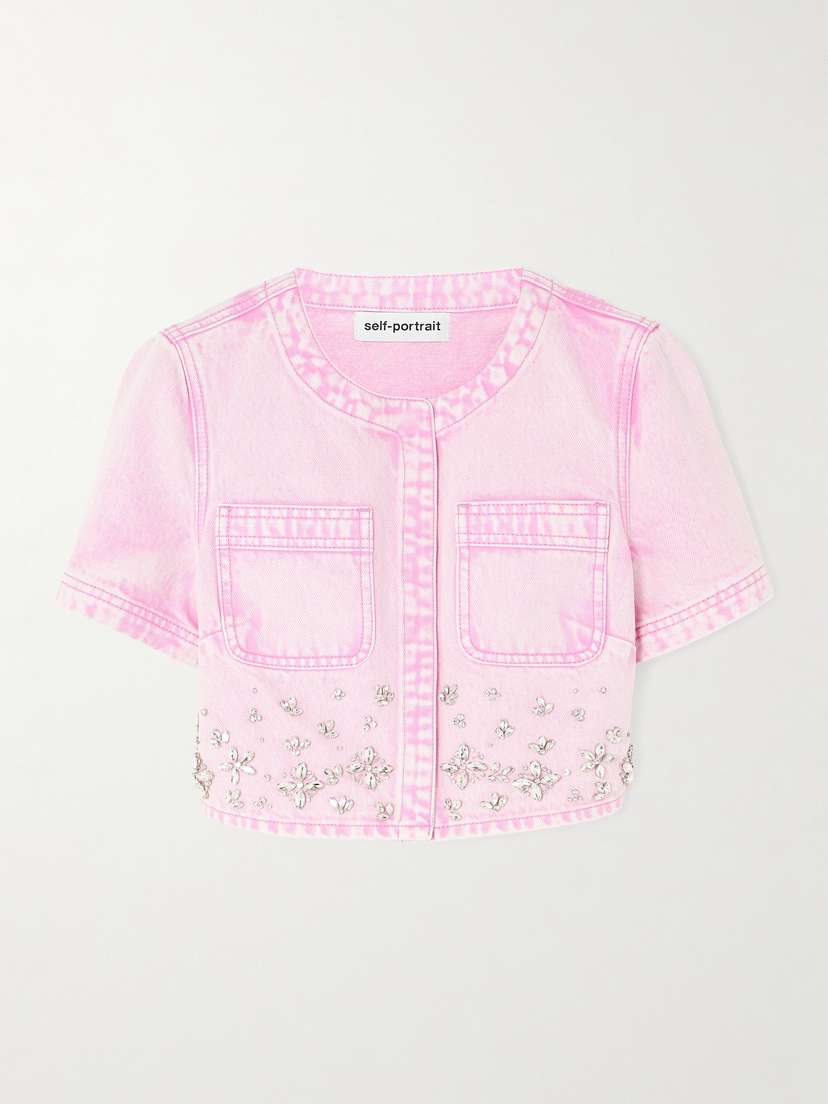 Self-Portrait Cropped Crystal-embellished Denim Jacket - UK 14