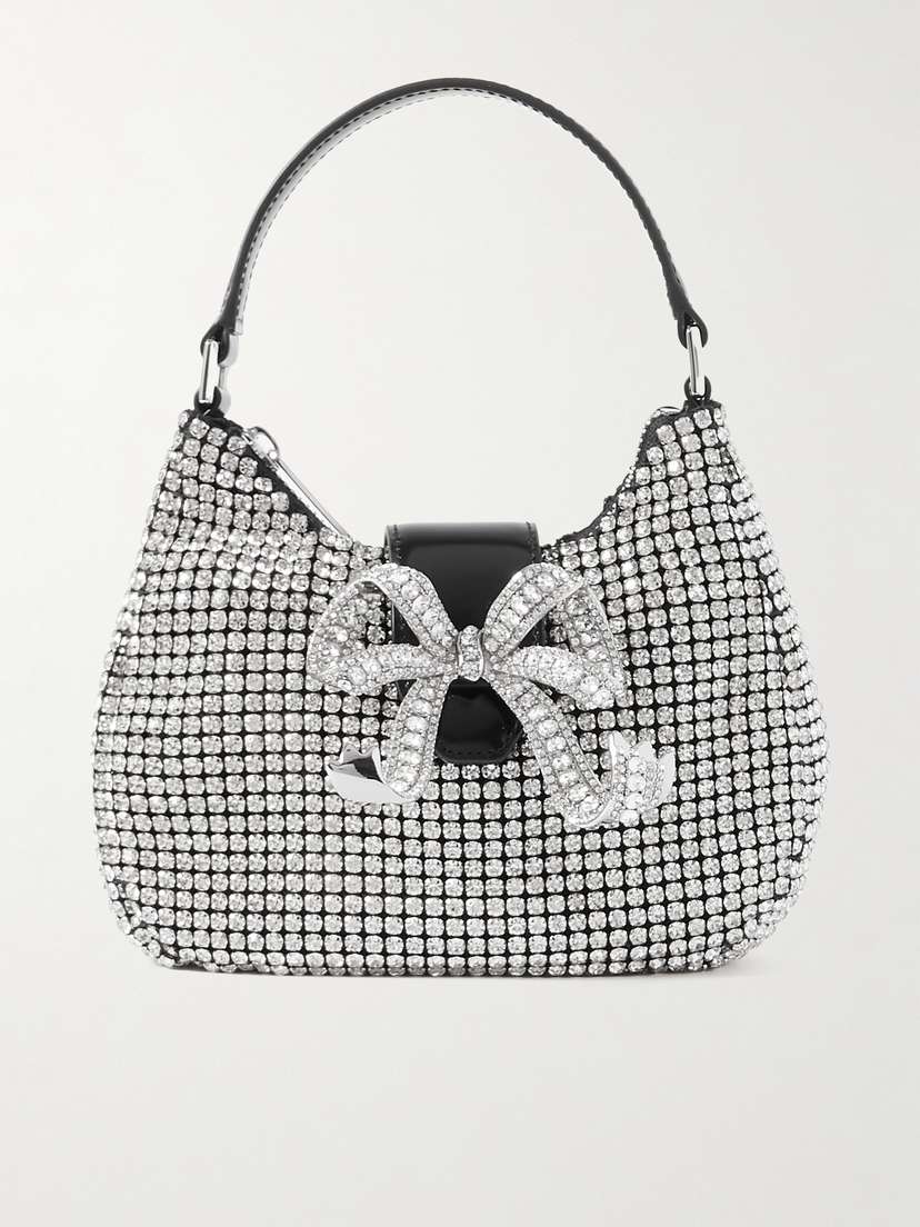 Self-Portrait Crescent Bow Crystal-embellished Glossed Leather-trimmed Tulle Tote