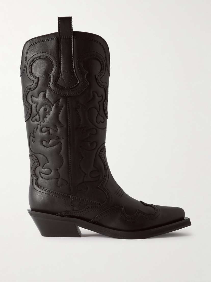 Ganni Embroidered Leather Cowboy Boots