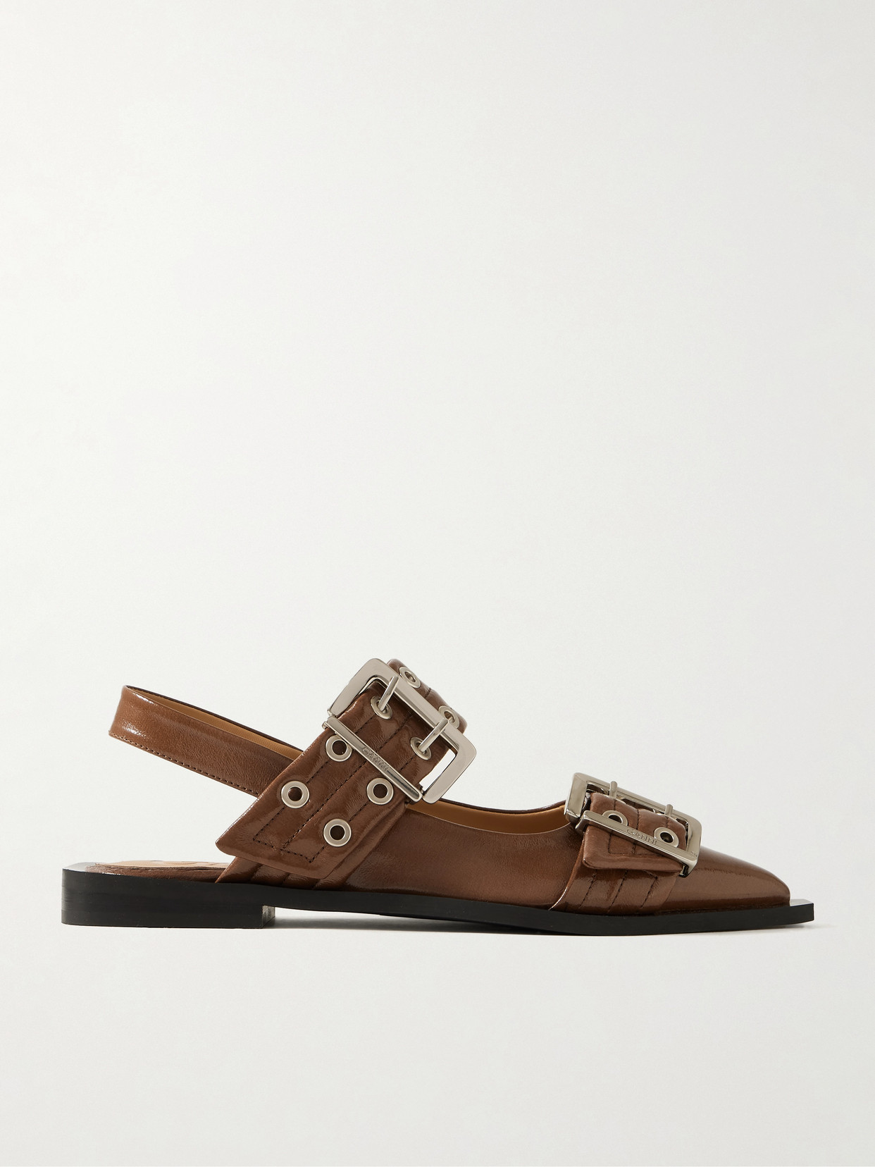 Shop Ganni + Net Sustain Buckled Eyelet-embellished Recycled Faux Patent-leather Ballet Flats In Brown