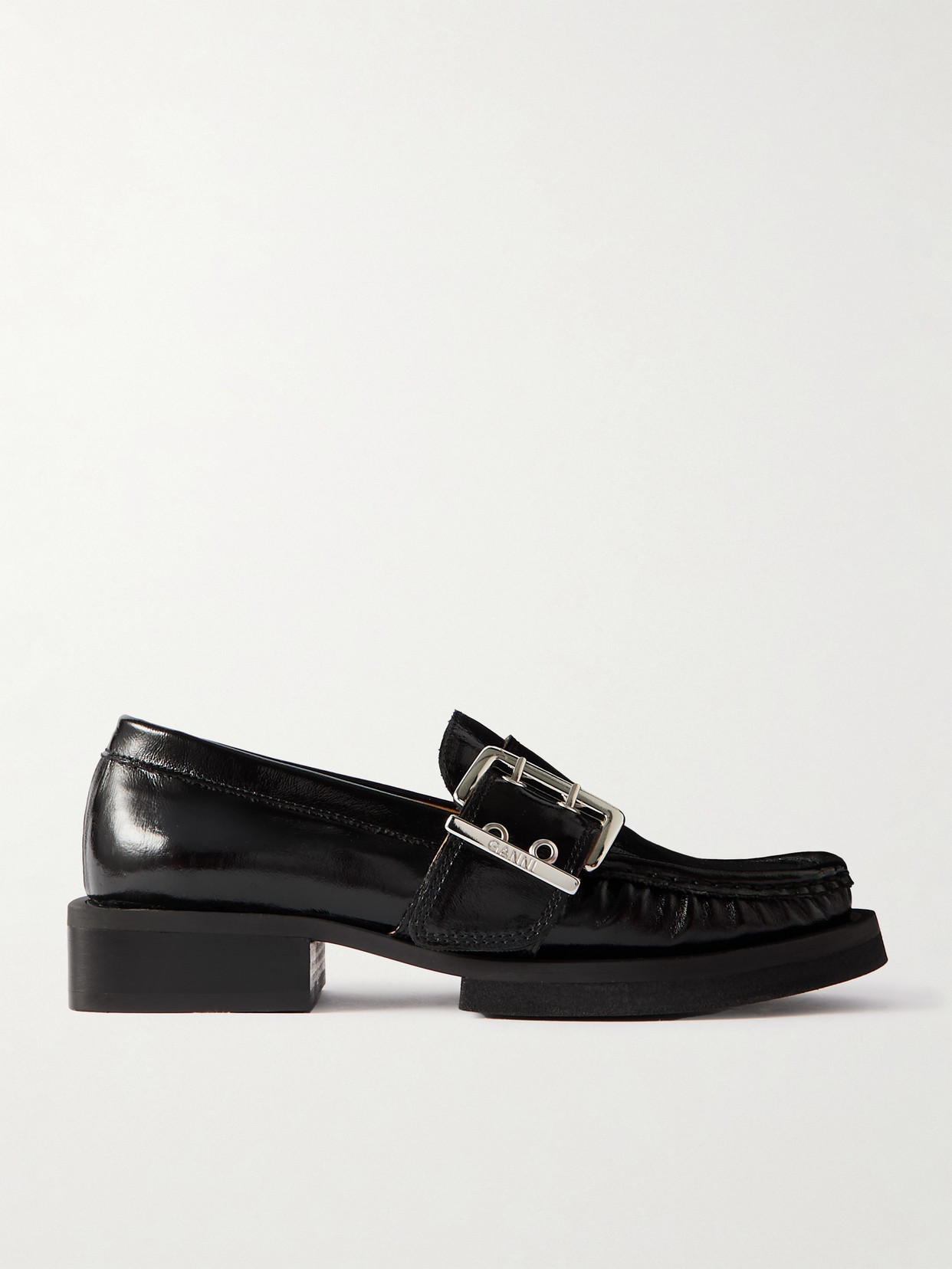 Shop Ganni + Net Sustain Feminine Buckled Recycled Faux Patent-leather Loafers In Black