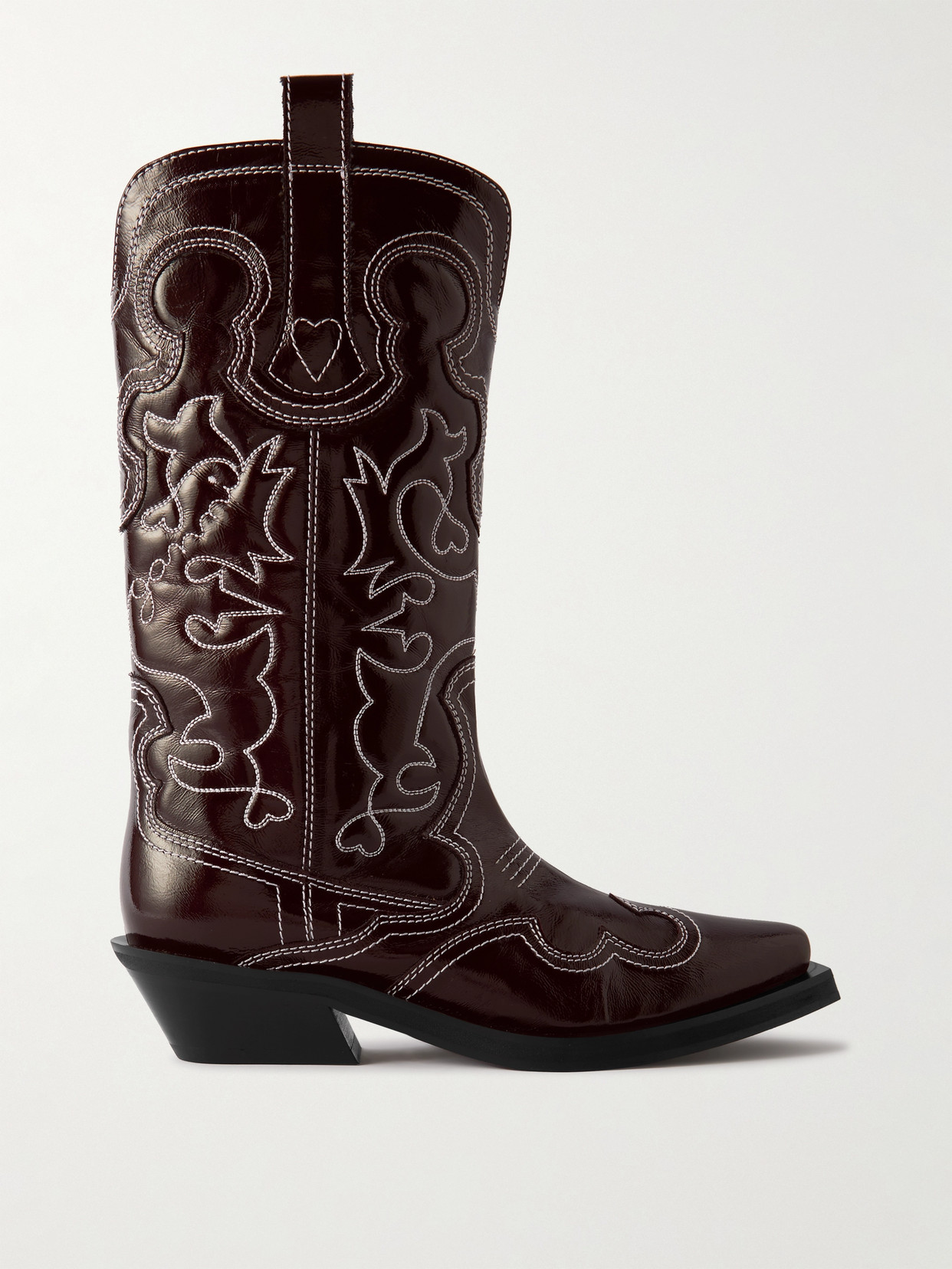 Ganni Embroidered Patent-leather Cowboy Boots In Burgundy