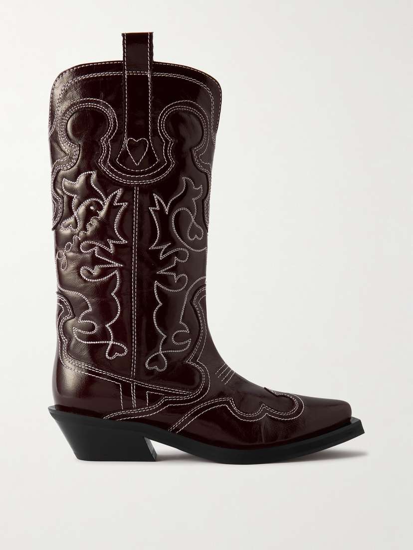 Ganni Embroidered Patent-leather Cowboy Boots
