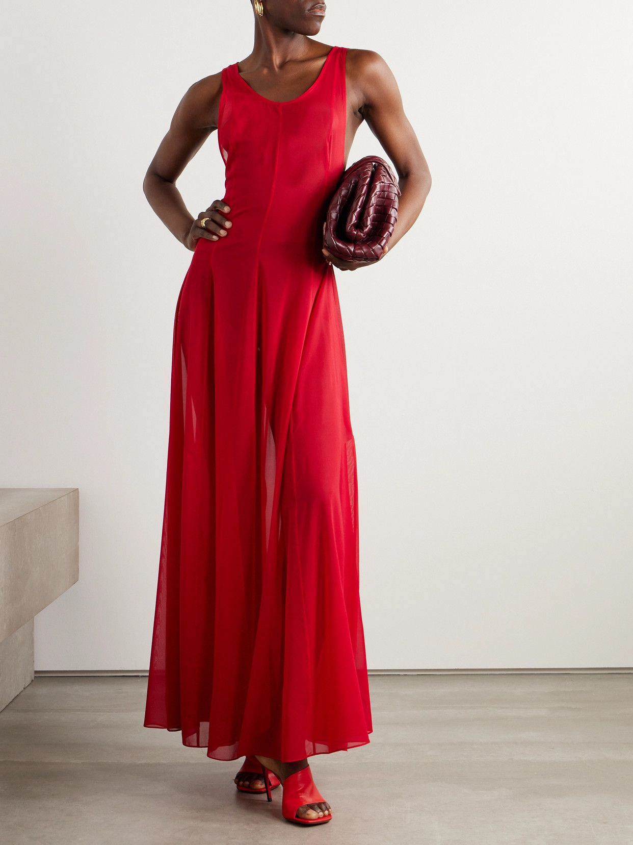 Peter Do Sleeveless Pleat Stretch Silk Maxi Dress In Red