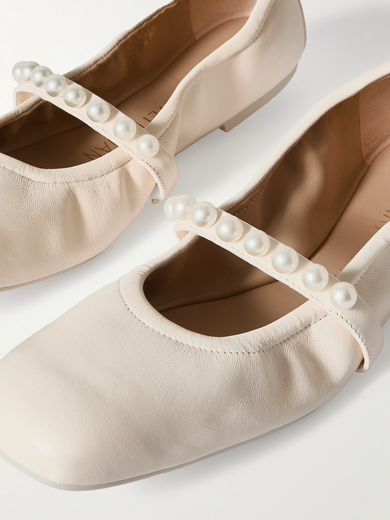 Stuart Weitzman Goldie Faux Pearl-embellished Leather Ballet Flats In Ivory