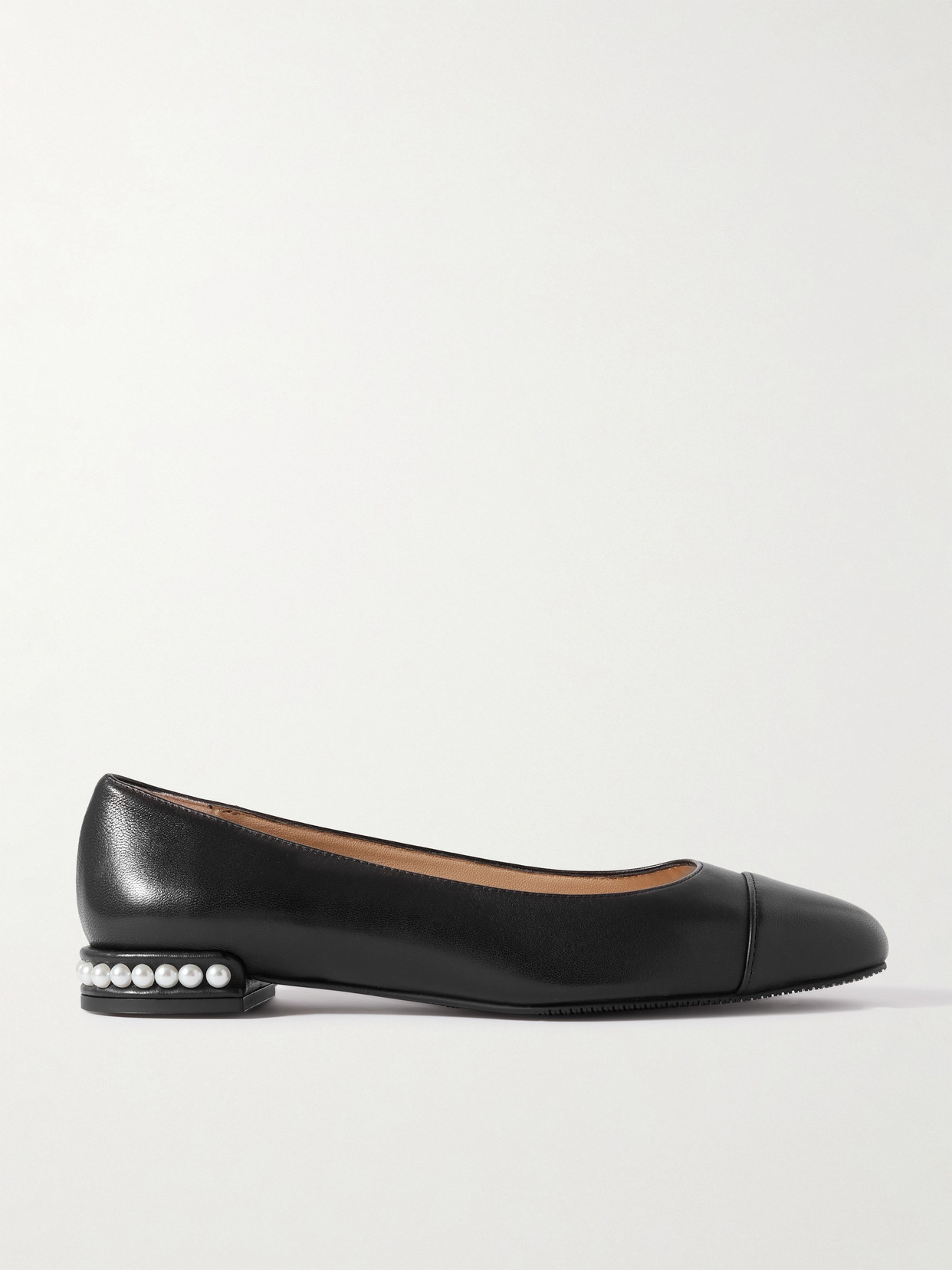 Shop Stuart Weitzman Pearl Faux Pearl-embellished Leather Ballet Flats In Black