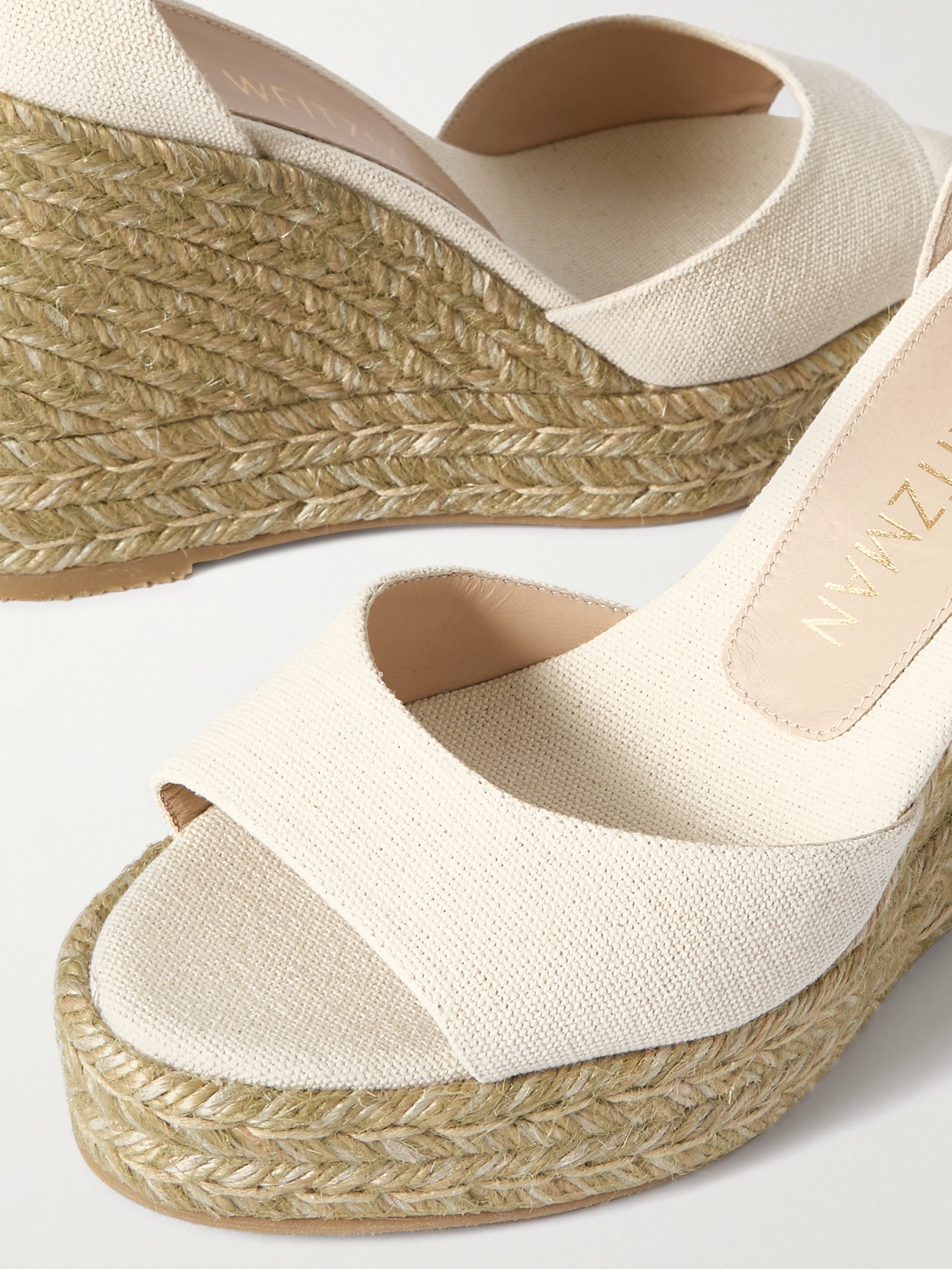 Shop Stuart Weitzman Linen Espadrille Wedge Sandals In Cream