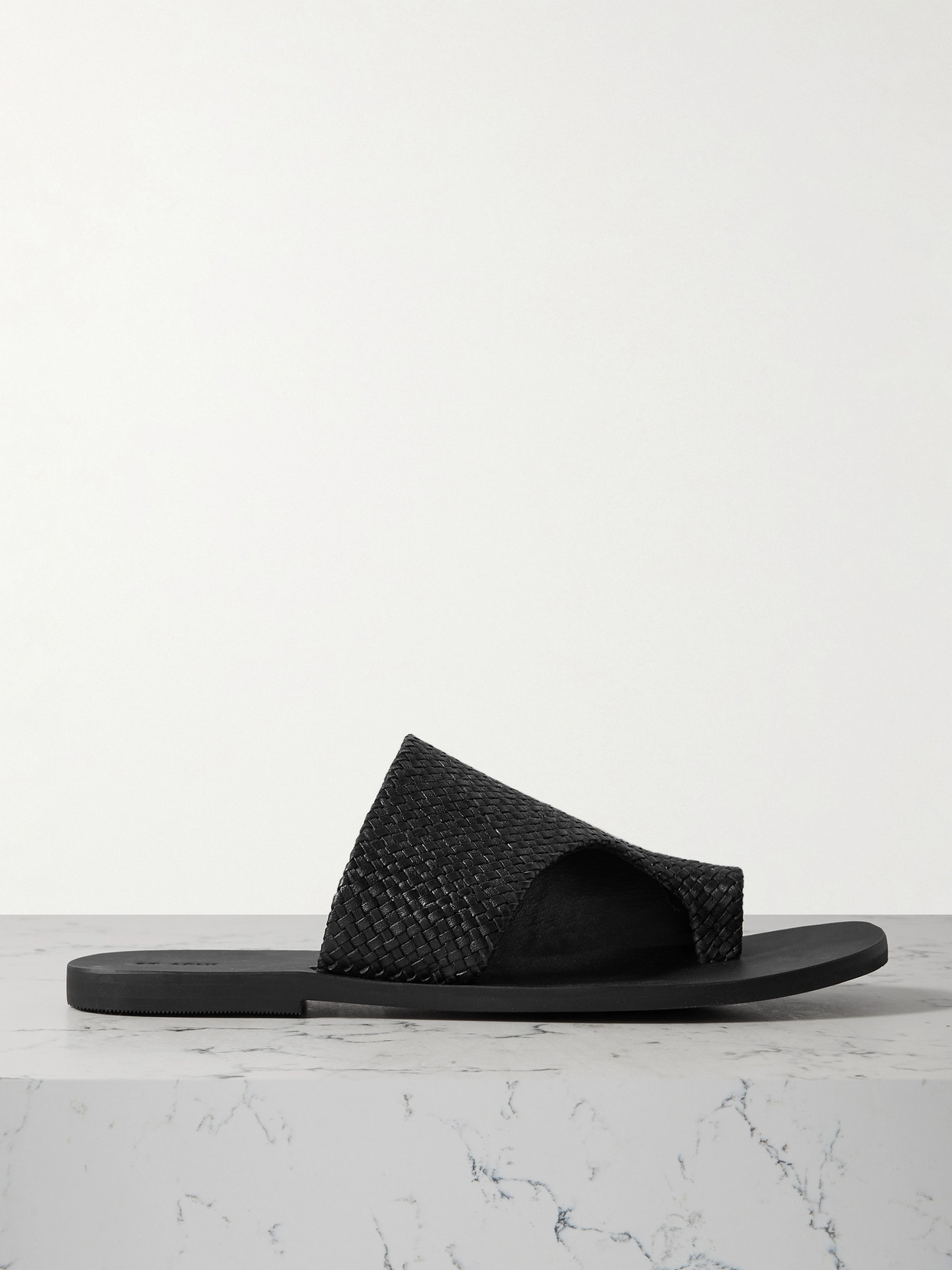 St Agni Asymmetric Woven Leather Slides In Black