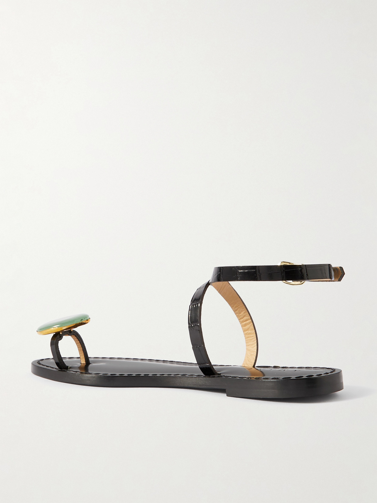 Shop Amanu Studio The Kigali Aventurine-embellised Croc-effect Leather Sandals In Black