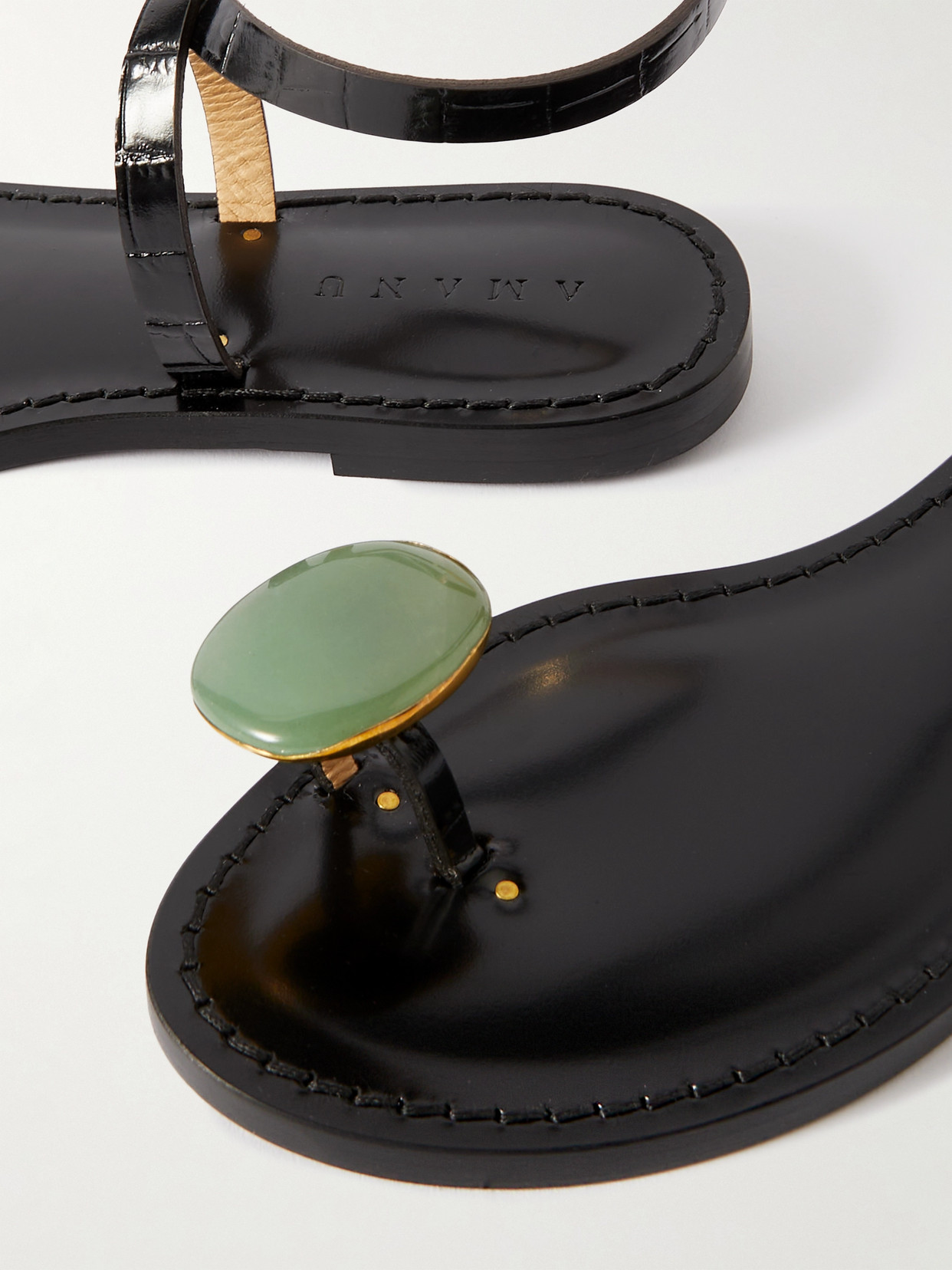 Amanu Studio The Kigali Aventurine-embellised Croc-effect Leather Sandals In Black