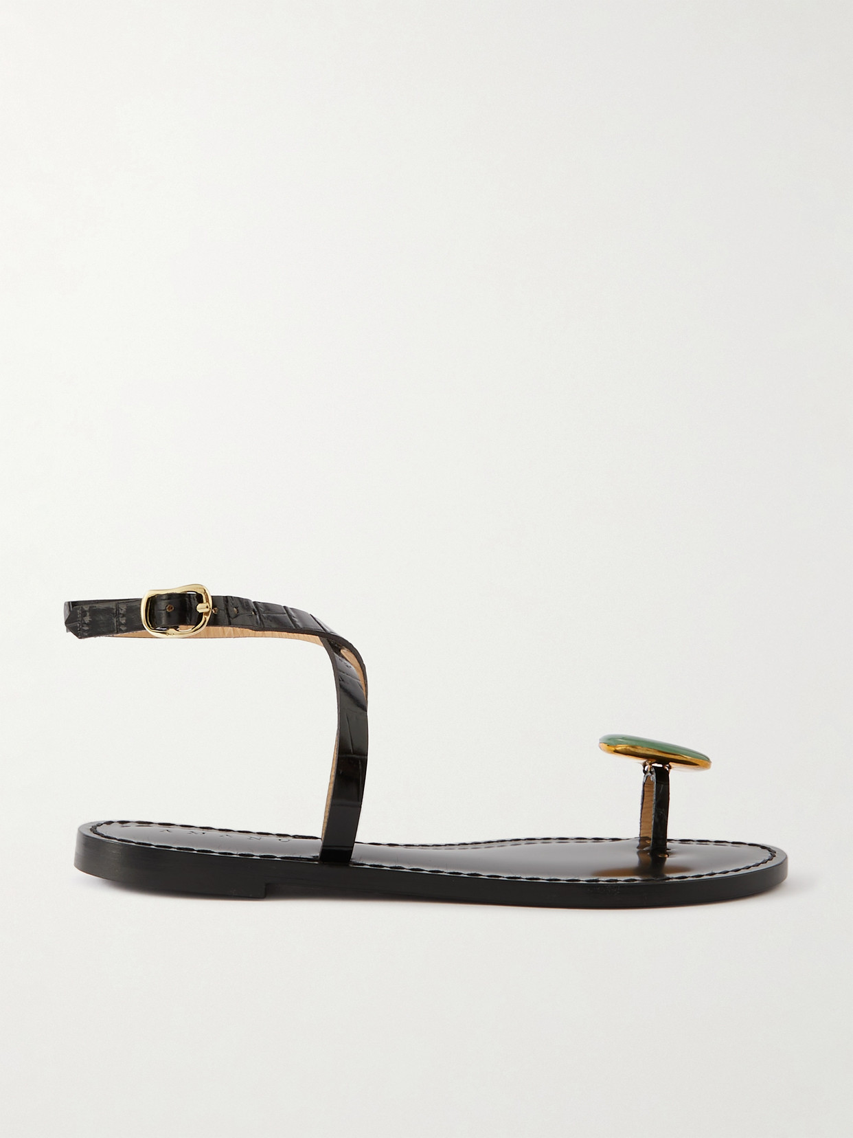 AMANU - The Kigali Aventurine-embellished Croc-effect Leather Sandals - Black