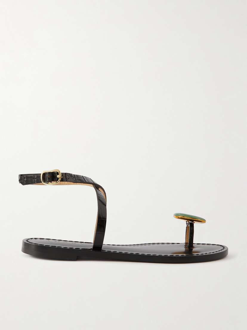 AMANU The Kigali Aventurine-embellished Croc-effect Leather Sandals