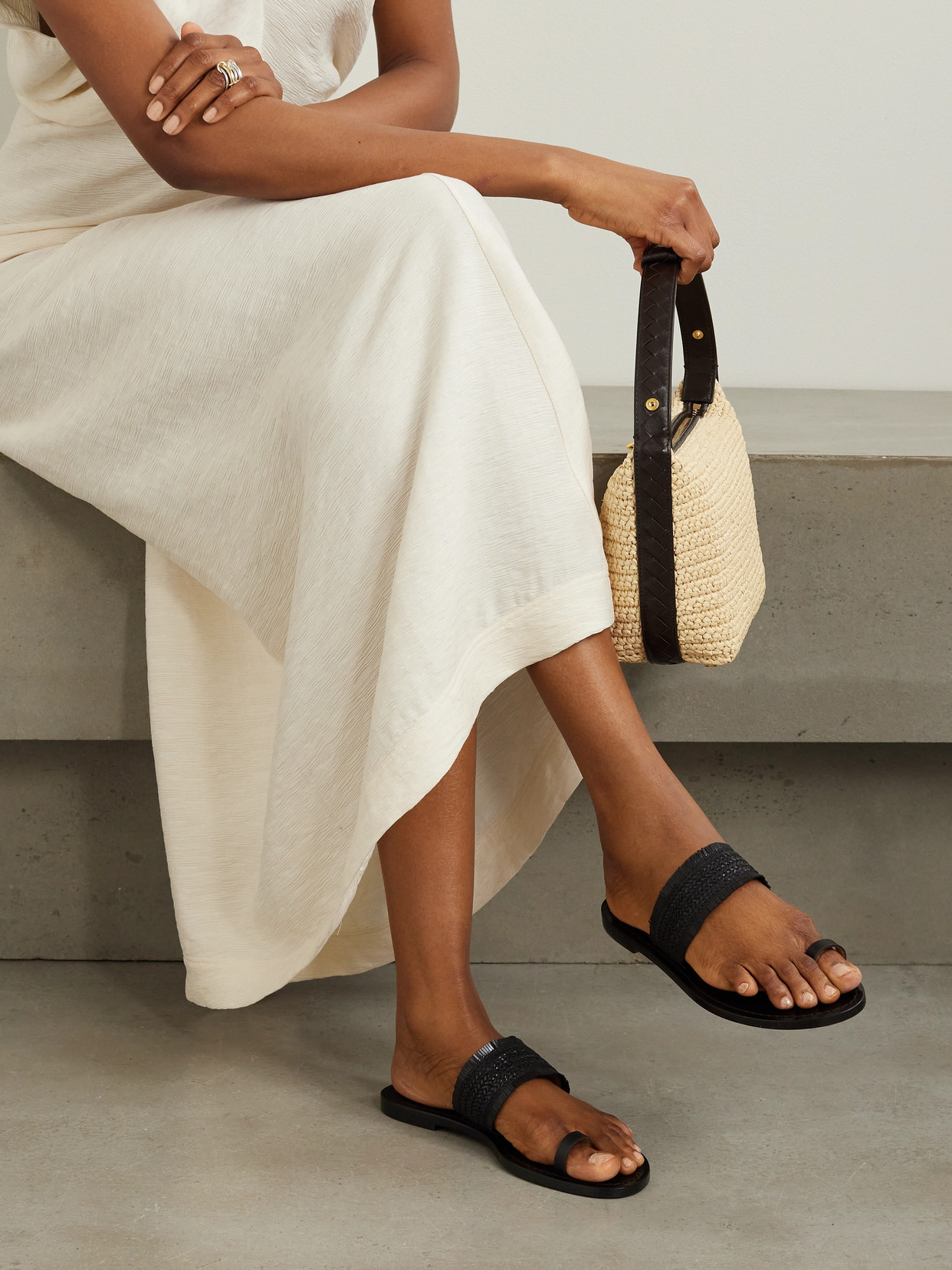Amanu Studio The Shela Fringed Braided Leather Slides In Black