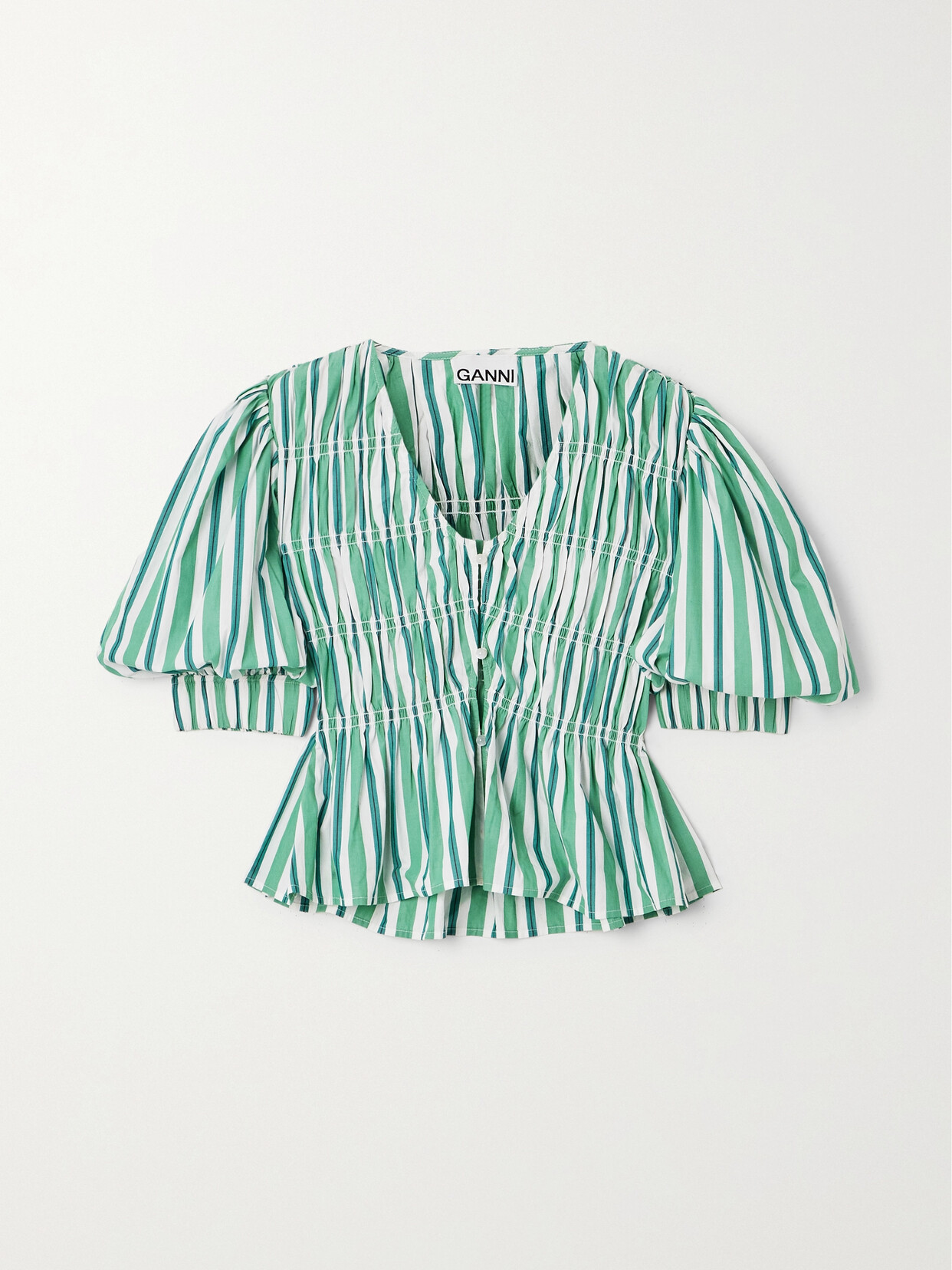 Ganni Striped Gathered Organic Cotton-poplin Blouse In Green