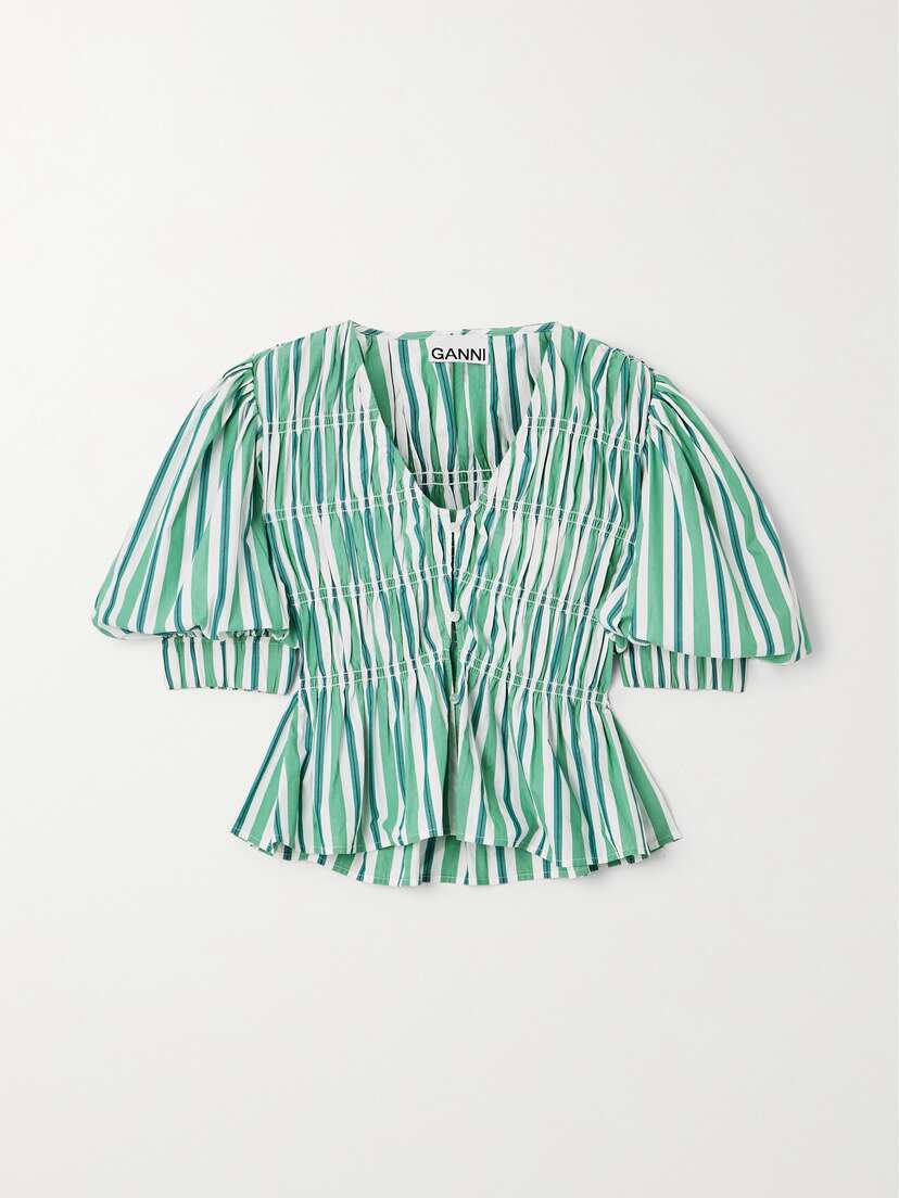 Ganni + Net Sustain Striped Gathered Organic Cotton-poplin Blouse - EU 44