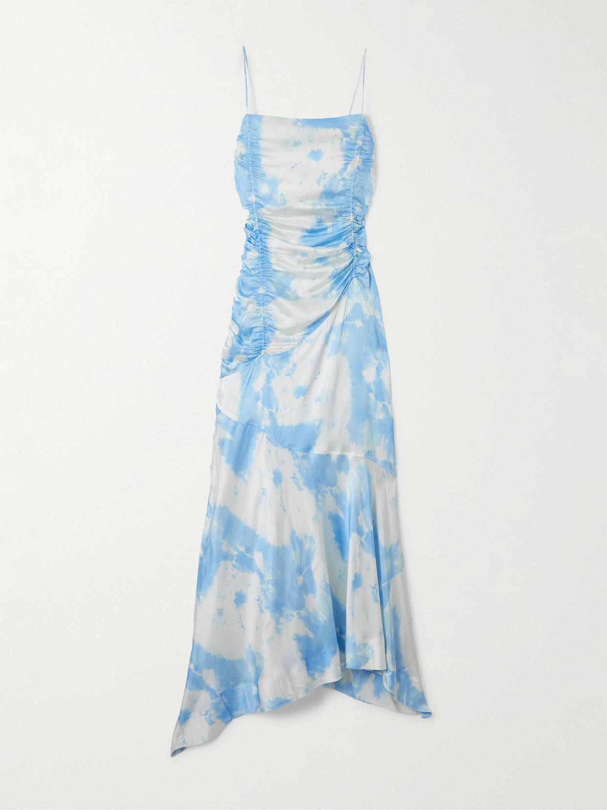 Ganni Ruched Asymmetric Printed Recycled-satin Midi Dress In Blue