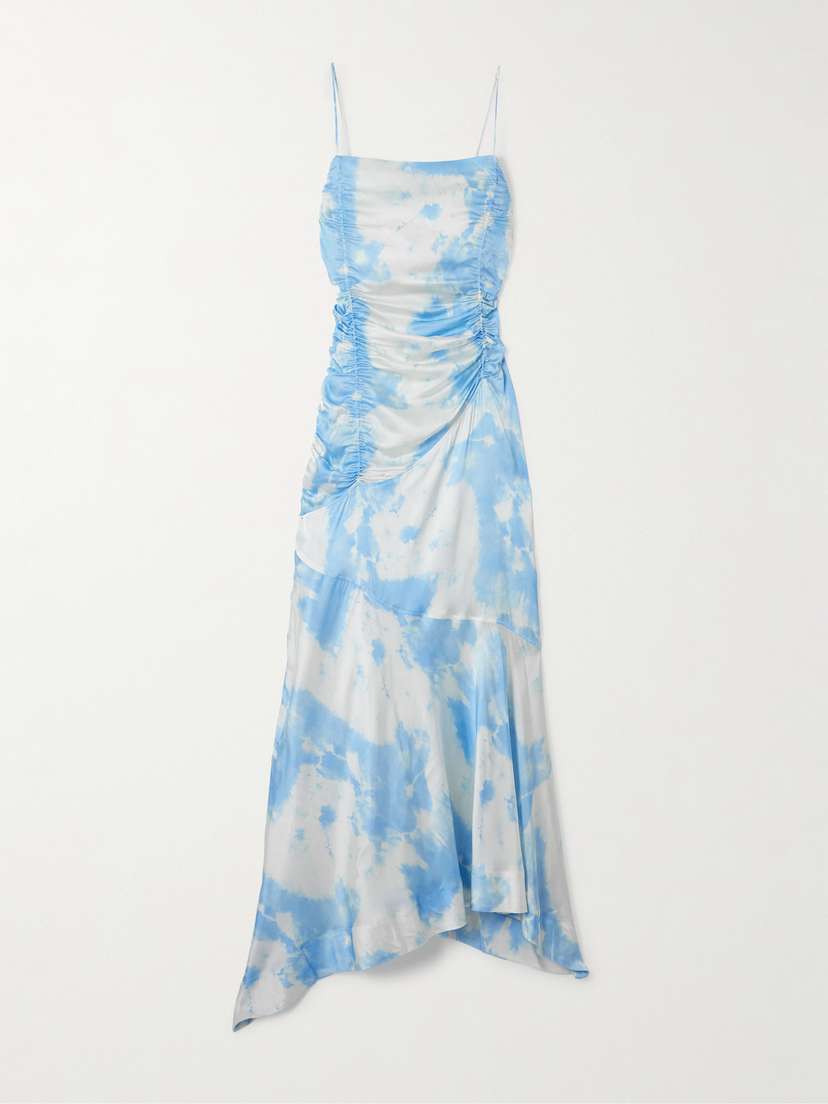 Ganni Ruched Asymmetric Printed Recycled-satin Midi Dress