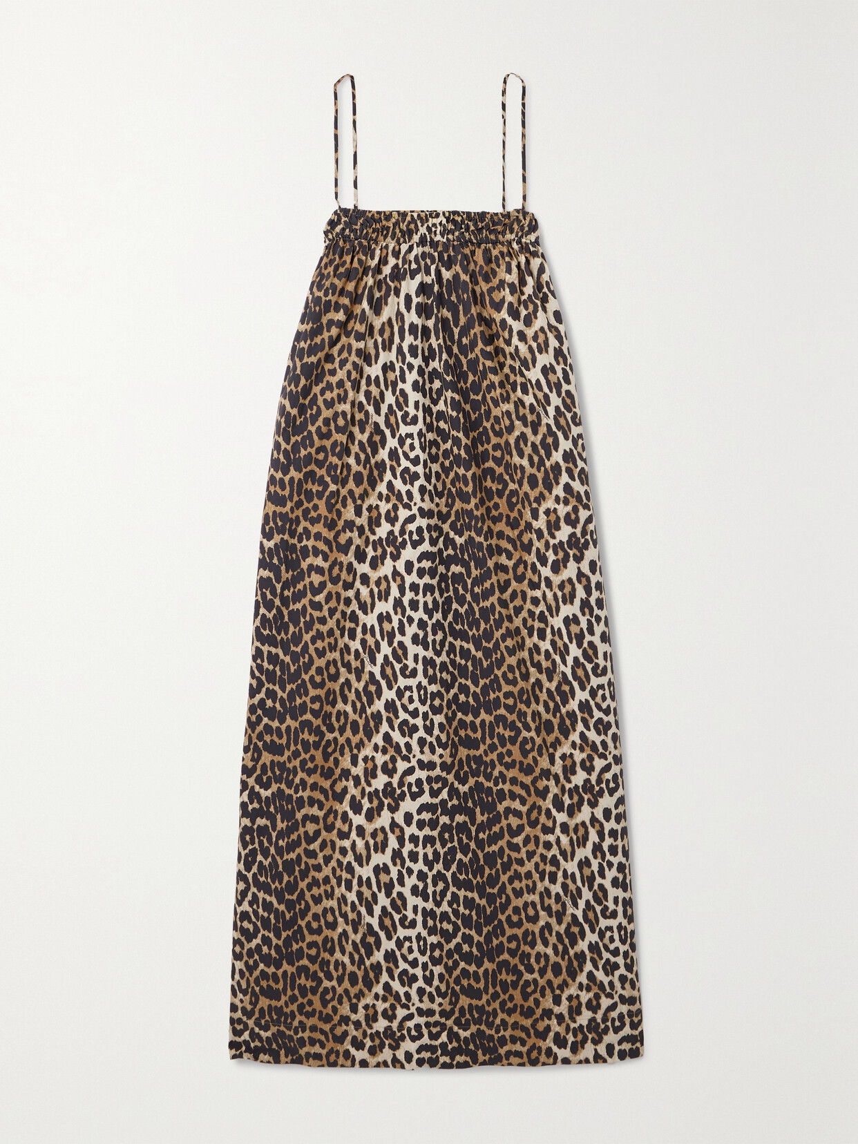 Ganni Short Sleeved Silk Stretch Satin Ruched Slip Midi Dress In Leopard In Animal Print