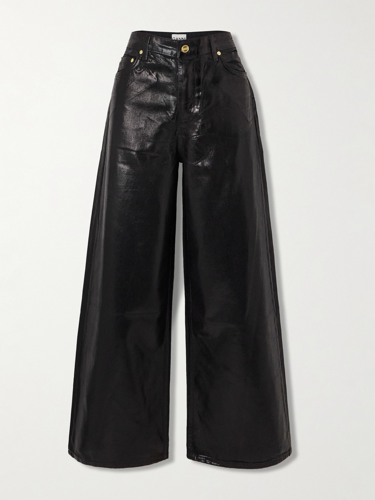 Shop Ganni Coated Mid-rise Wide-leg Organic Jeans In Black