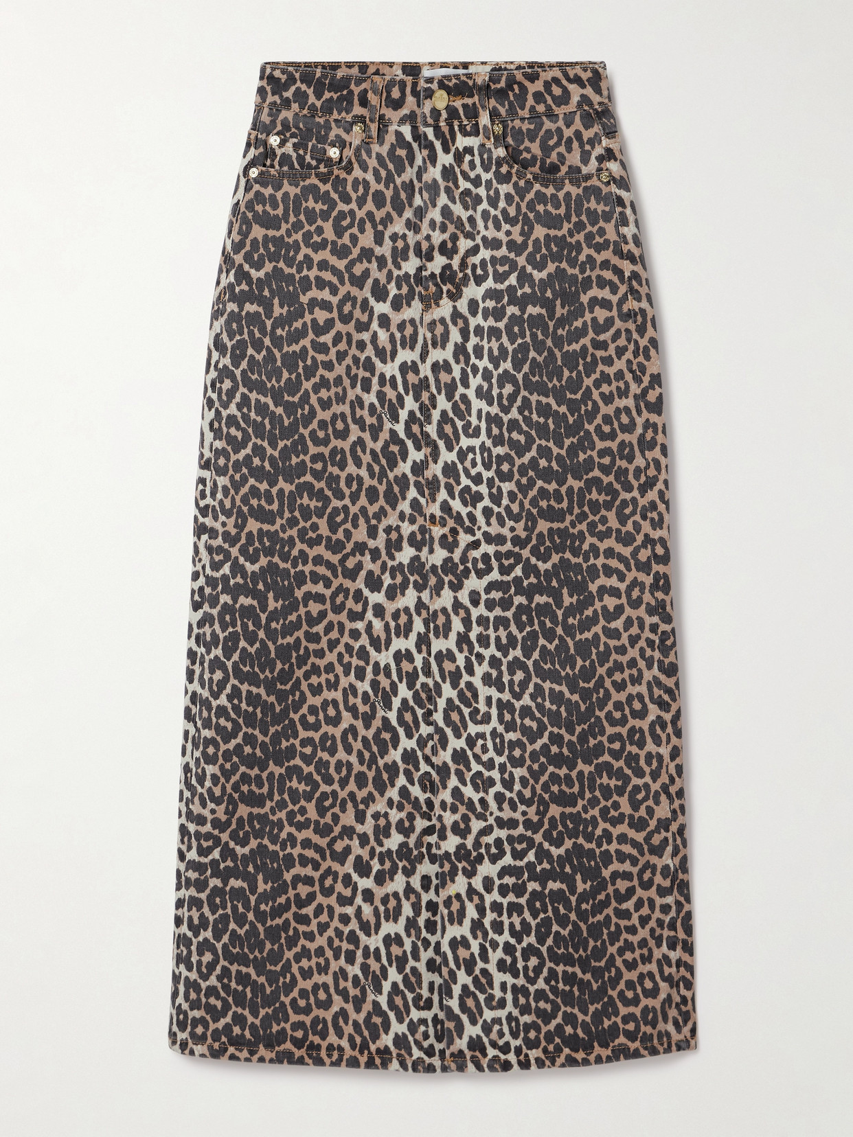 Shop Ganni + Net Sustain Leopard-print Organic Denim Maxi Skirt In Animal Print