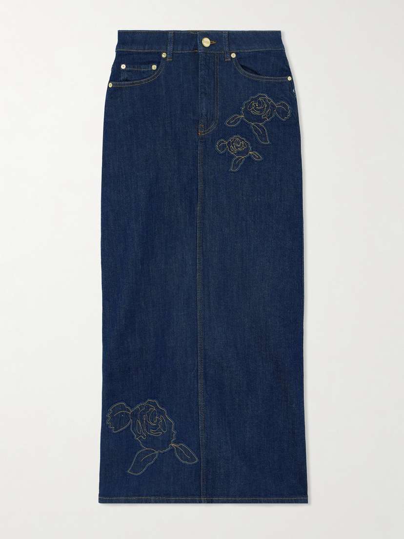 Ganni + Net Sustain Embroidered Appliquéd Organic Denim Maxi Skirt - EU 46